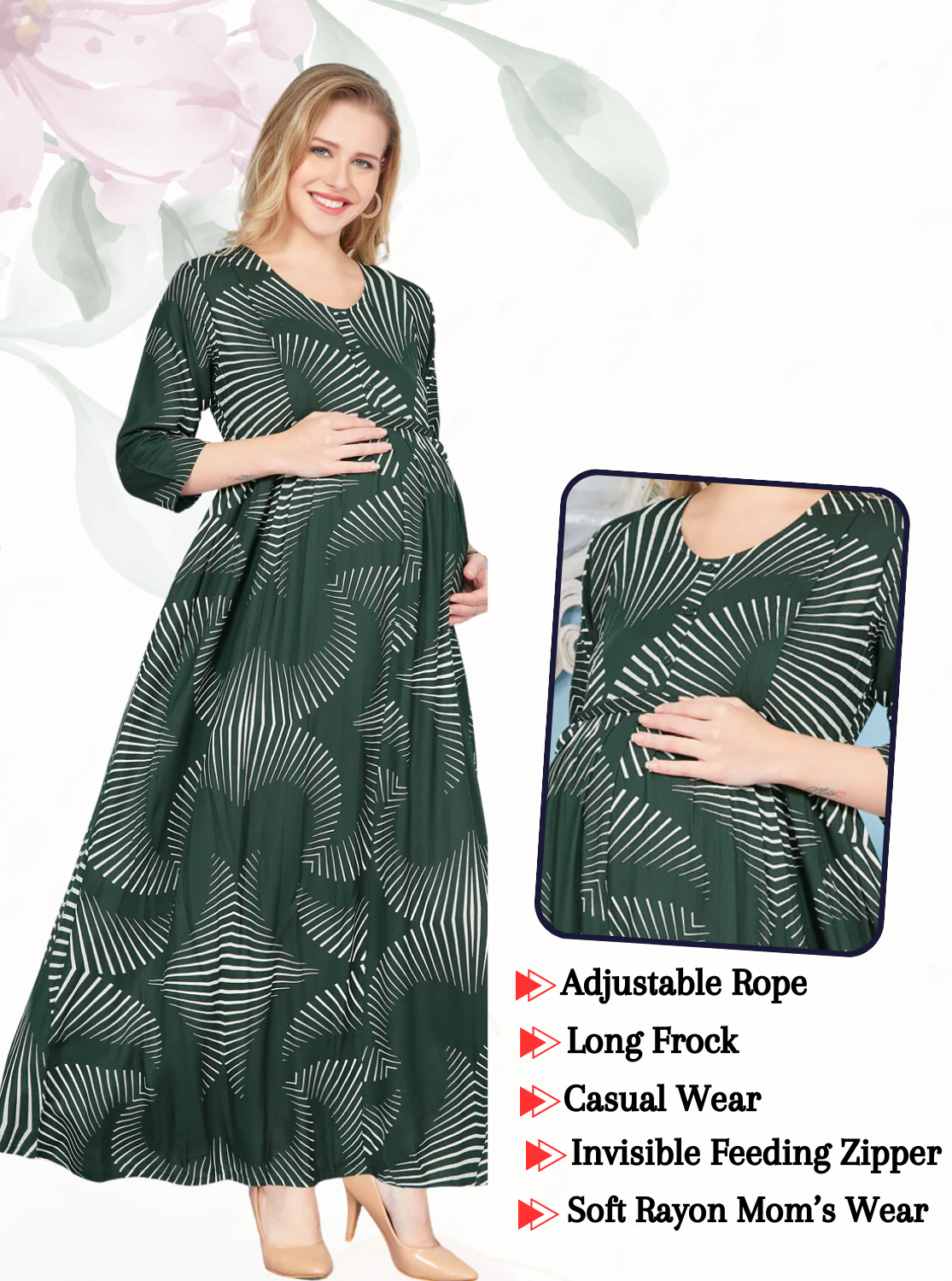 New ArrivalsONLY MINE Premium 4-IN-ONE Mom's Wear - Soft & Smooth Rayon | Maternity | Feeding | Long Frock | Casual Wear for Pregnancy Women's (4-IN-ONE-LFRK)