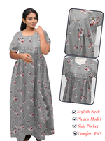 MANGAI New Regular Fit Cotton Printed Pleated Nighties - All Over Printed Stylish Nighties | Side Cut Pocket | Front Open Zipper Type | Beautiful Nighties for Stylish Women's (PLE)