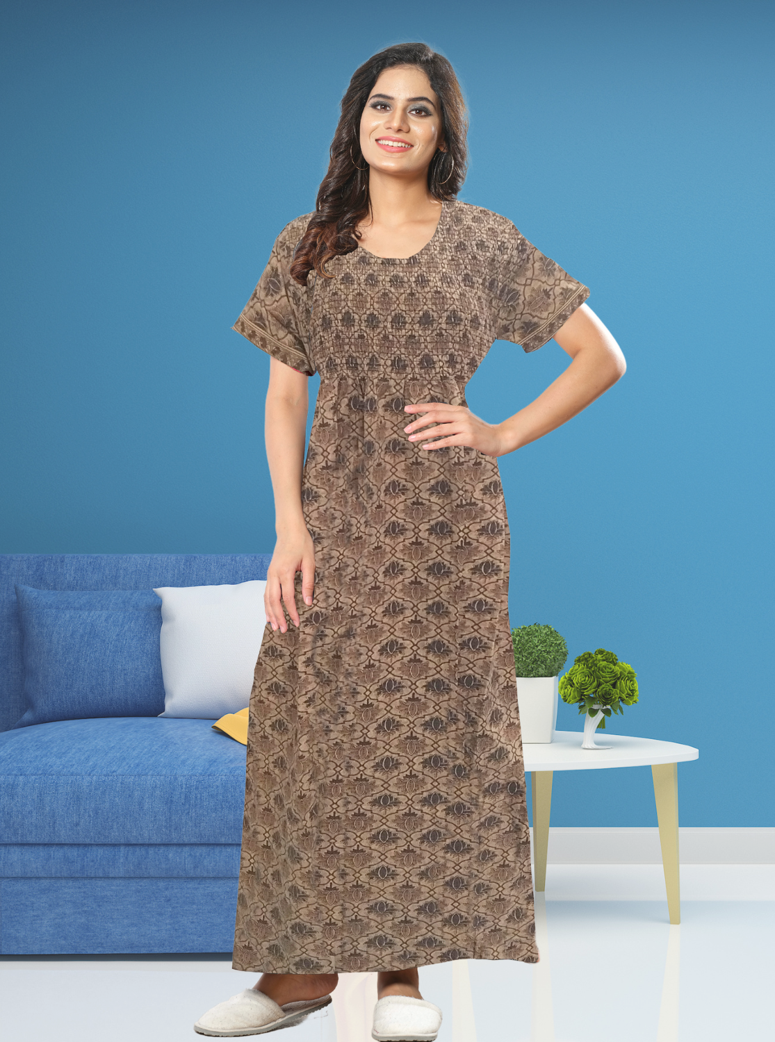 New MANGAI Premium COTTON Printed Smokey Nighty | Beautiful Pleated Design | Side Pocket | Stylish Nighty for Trendy Women's | Your Perfect Nightwear Collection's (MPL)