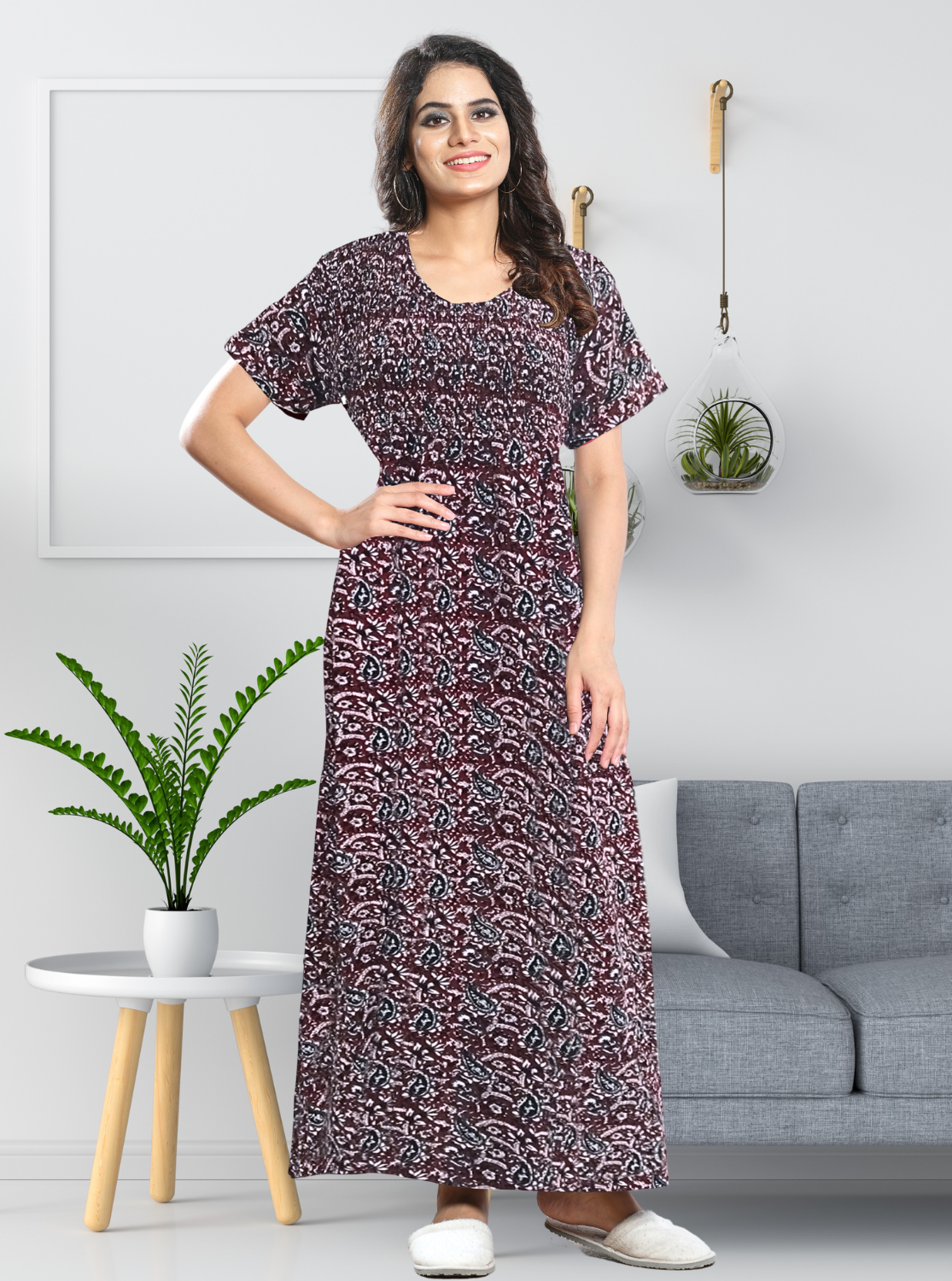 New MANGAI Premium COTTON Printed Smokey Nighty | Beautiful Pleated Design | Side Pocket | Stylish Nighty for Trendy Women's | Your Perfect Nightwear Collection's (MPL)