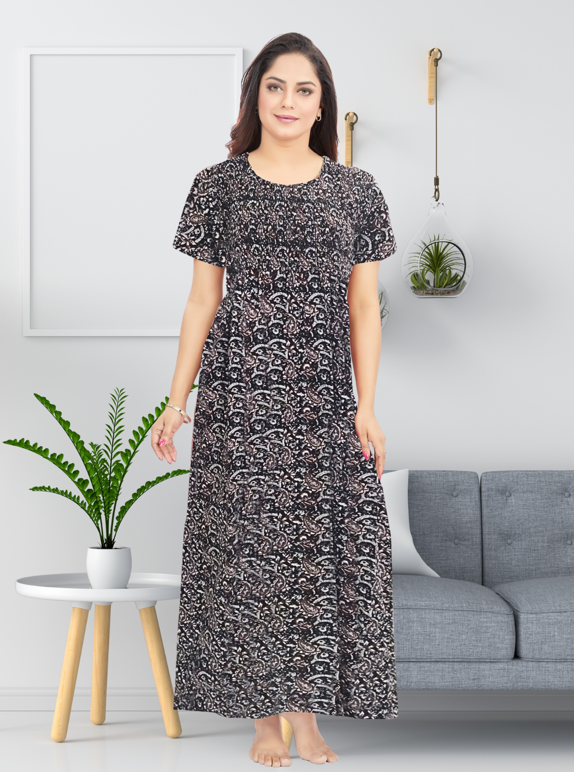 New MANGAI Premium COTTON Printed Smokey Nighty | Beautiful Pleated Design | Side Pocket | Stylish Nighty for Trendy Women's | Your Perfect Nightwear Collection's (MPL)