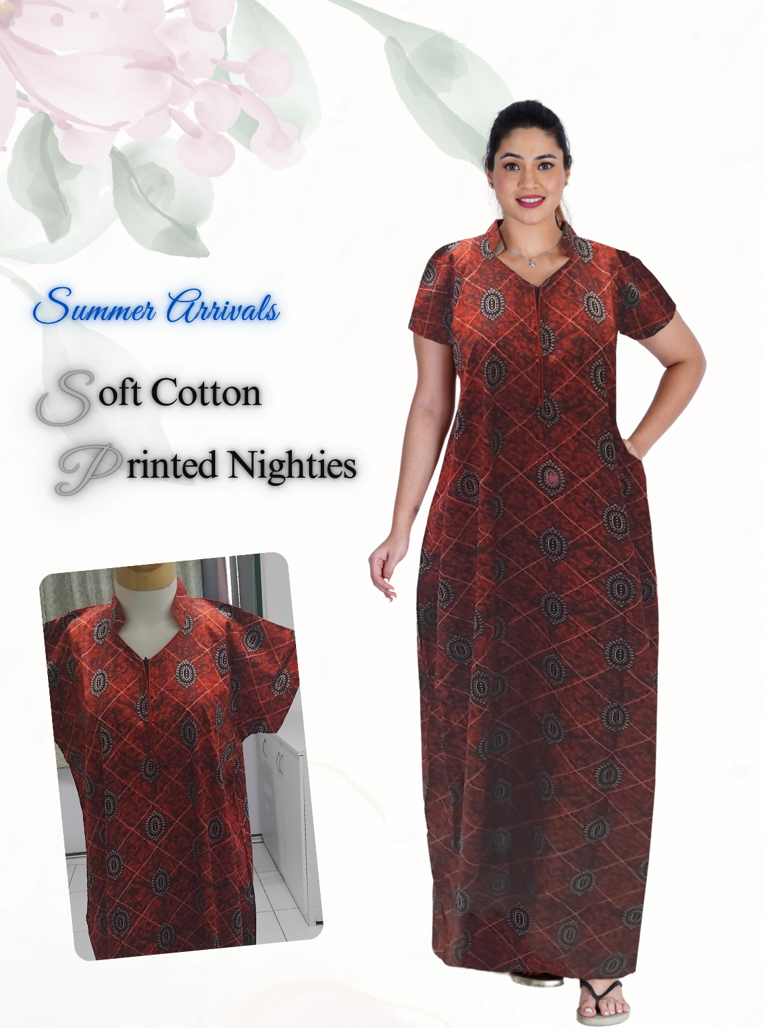 MANGAI Daily Wear Casual Comfort Fit Cotton Printed Collar Nighties | Zipless Closed Model |Summer Arrival's for Trendy Women's (VNM)