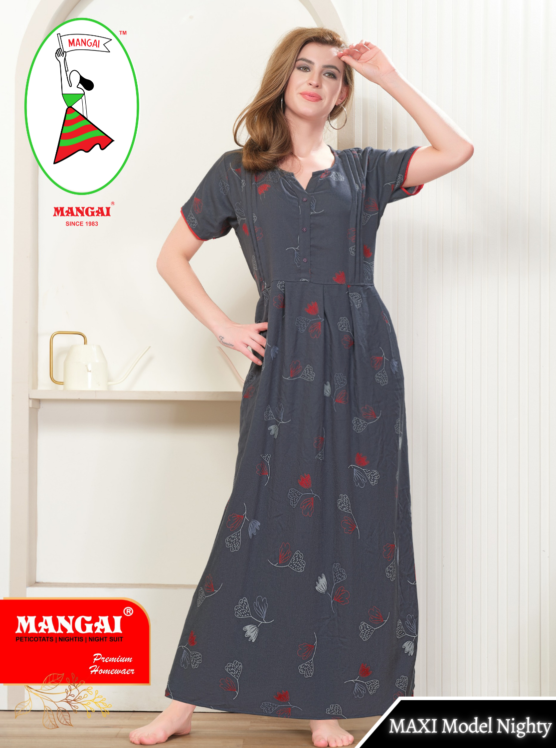 New Arrival MANGAI Premium ALPINE MAXI Model Nighty - Stylish Fancy Maxi Model Nightwear for Stylish Women | Updated Collection's| Beautiful Flared & Pleated Model | Frock Model Nighties for Trendy Women's (HMS)