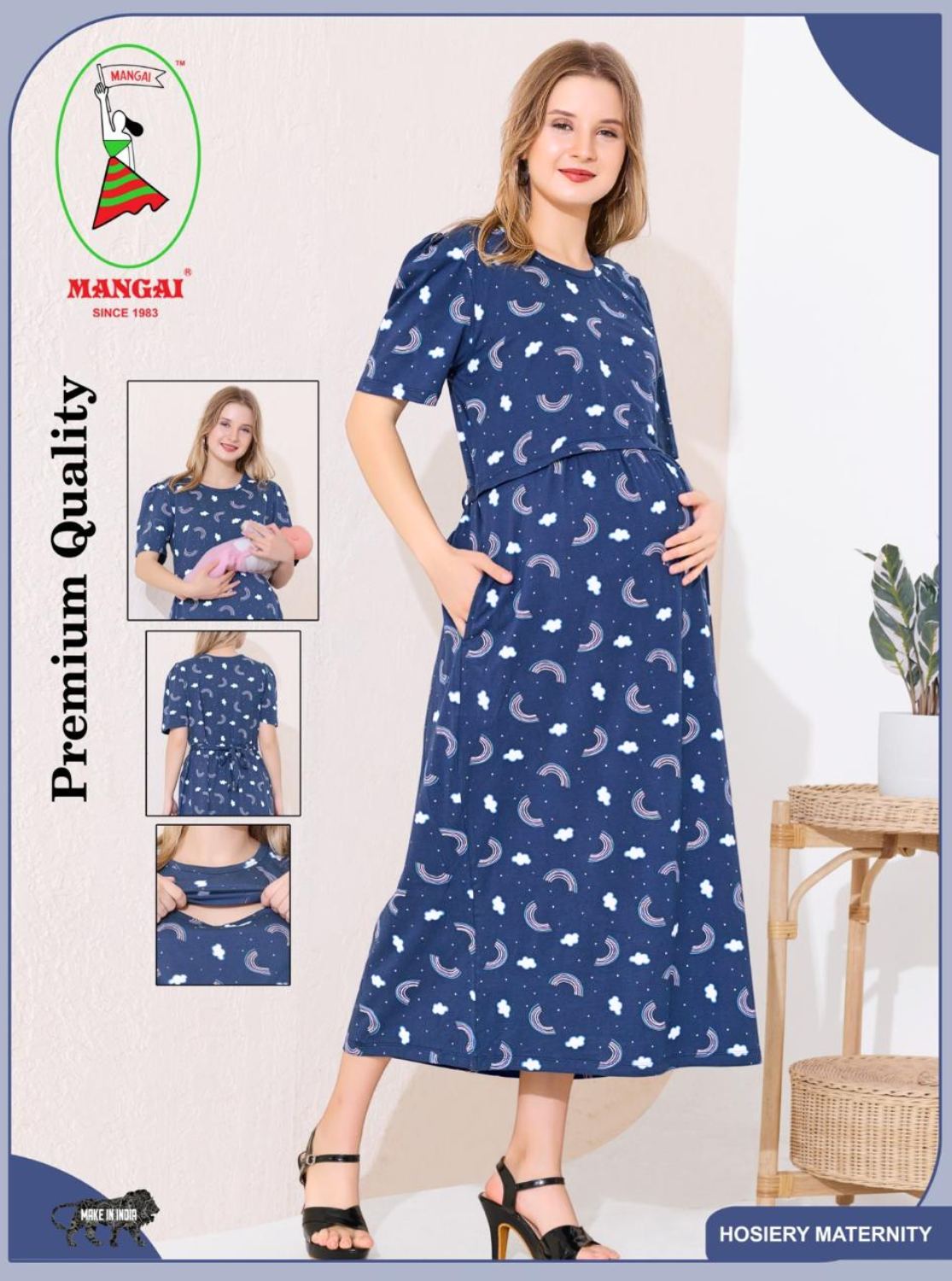 MANGAI HOSIERY Cotton Zipless Feeding Wear | Fancy Sleeve with Round Neck | Flap Open Zipless Feeding wear for Pregnancy Women (MMG)