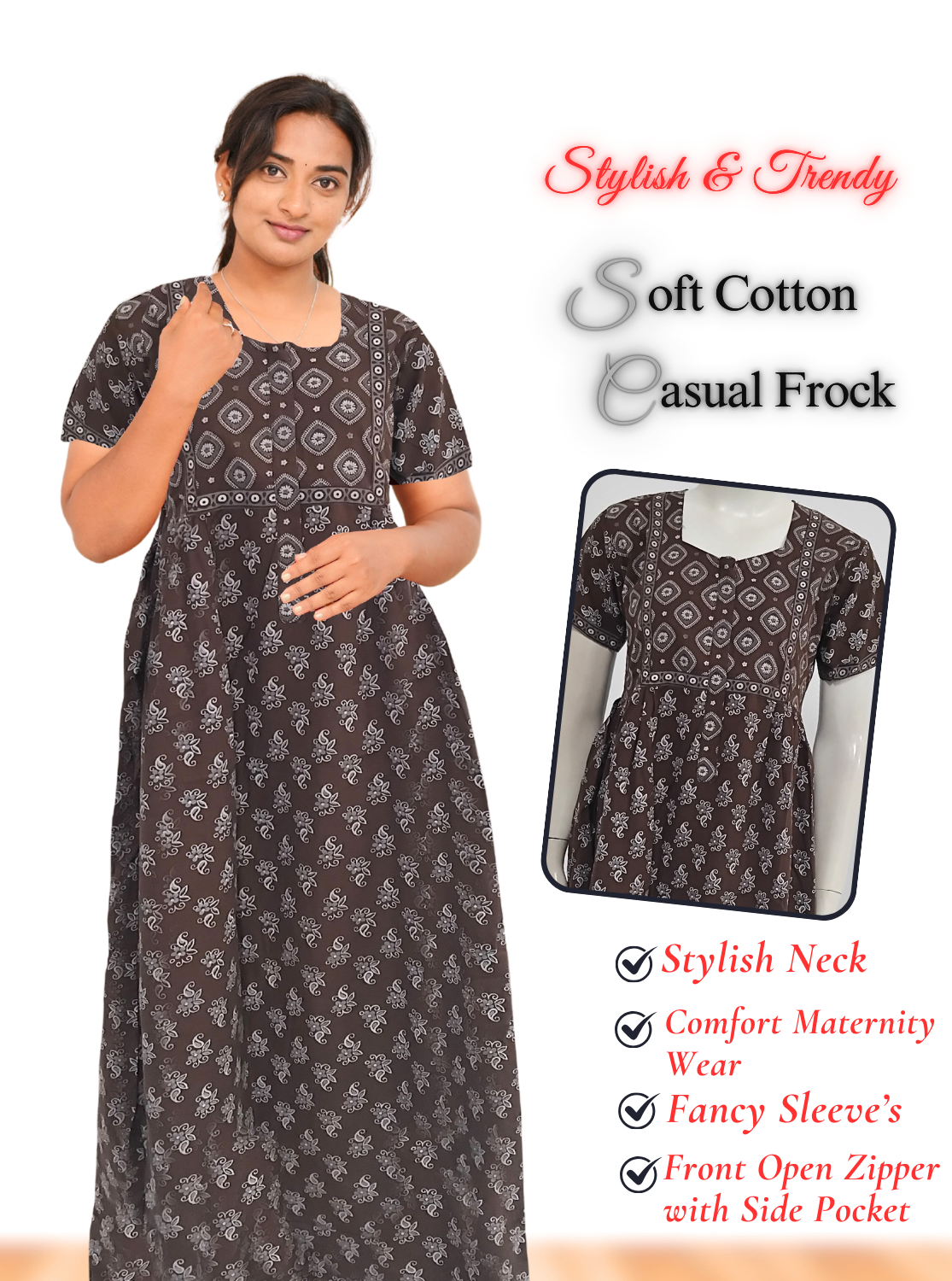 MANGAI Premium Casual Wear Cotton FROCK Model Nighties | Stylish Pleated Frock Style | Multipurpose Nighties | Casual & Pregnancy Wear | Pleated Model | Stylish Nighties for Stylish Women (MW)