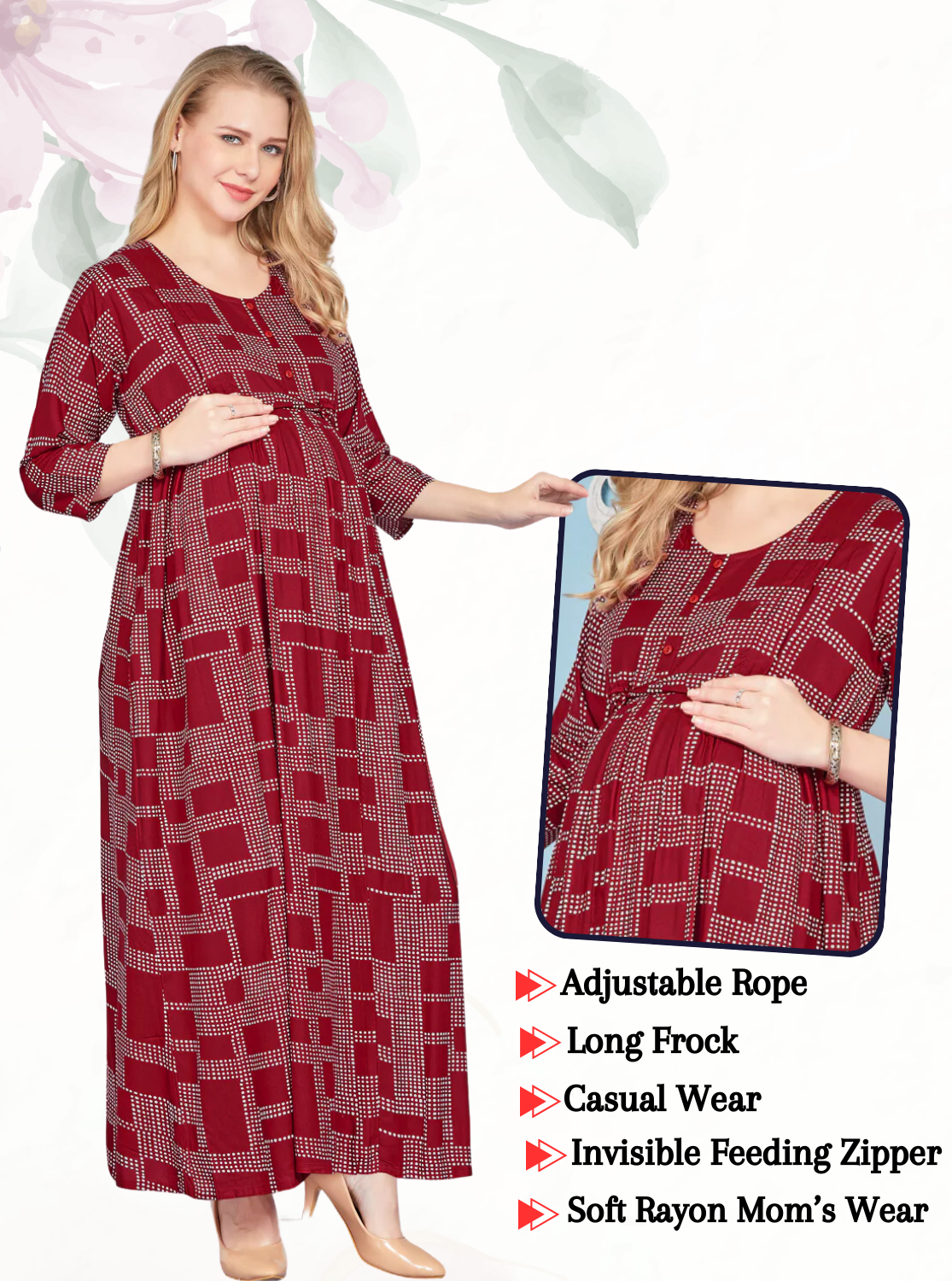 New ArrivalsONLY MINE Premium 4-IN-ONE Mom's Wear - Soft & Smooth Rayon | Maternity | Feeding | Long Frock | Casual Wear for Pregnancy Women's (4-IN-ONE-LFRK)