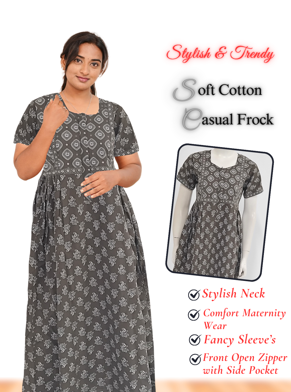 MANGAI Premium Casual Wear Cotton FROCK Model Nighties | Stylish Pleated Frock Style | Multipurpose Nighties | Casual & Pregnancy Wear | Pleated Model | Stylish Nighties for Stylish Women (MW)