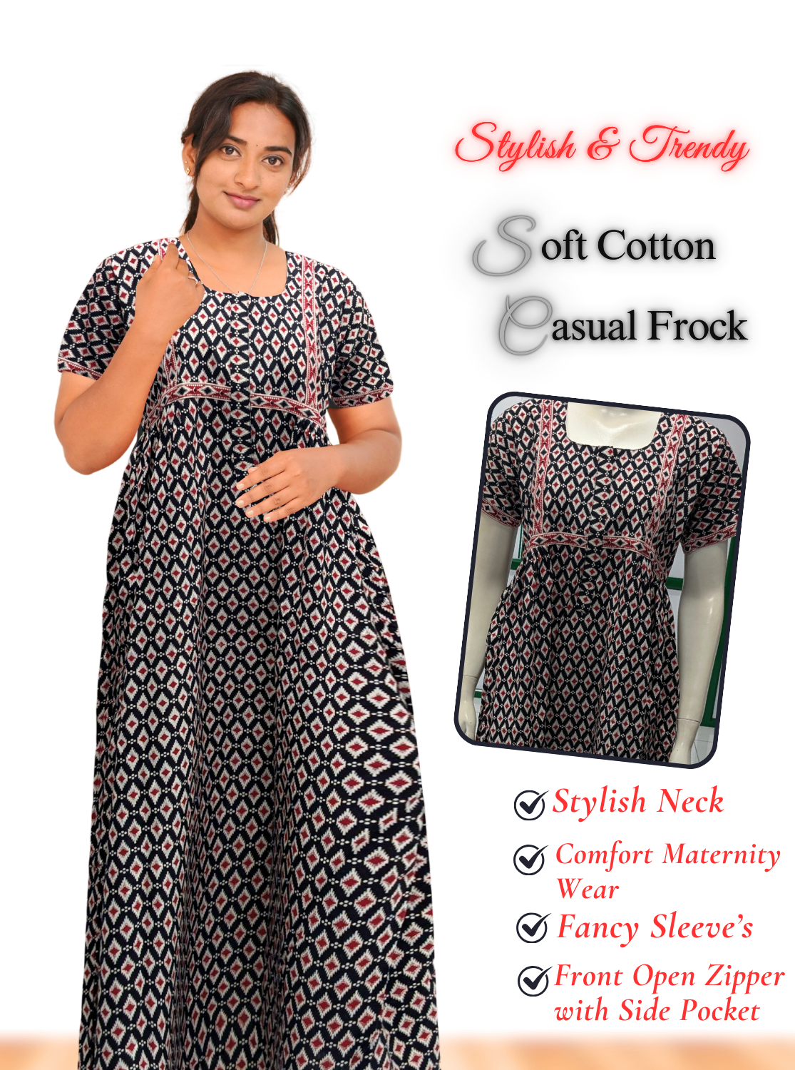 MANGAI Premium Casual Wear Cotton FROCK Model Nighties | Stylish Pleated Frock Style | Multipurpose Nighties | Casual & Pregnancy Wear | Pleated Model | Stylish Nighties for Stylish Women (MW)