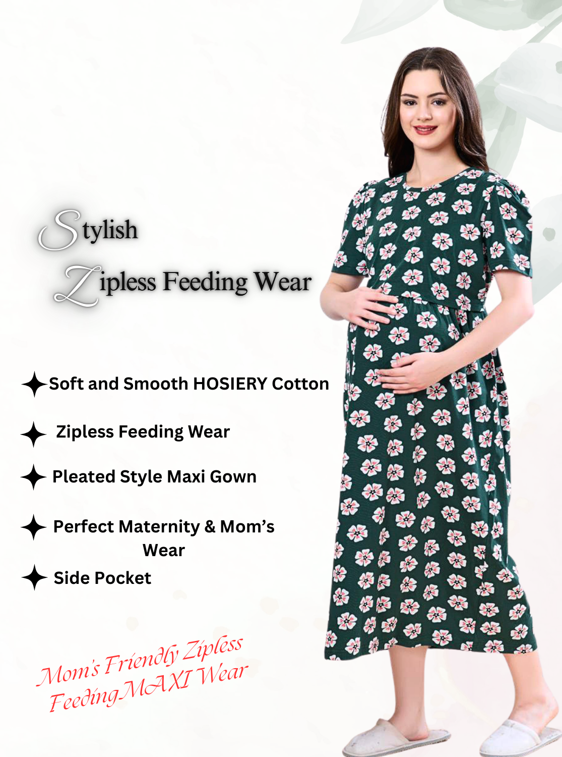 MANGAI HOSIERY Cotton Zipless Feeding Wear | Fancy Sleeve with Round Neck | Flap Open Zipless Feeding wear for Pregnancy Women (MMG)
