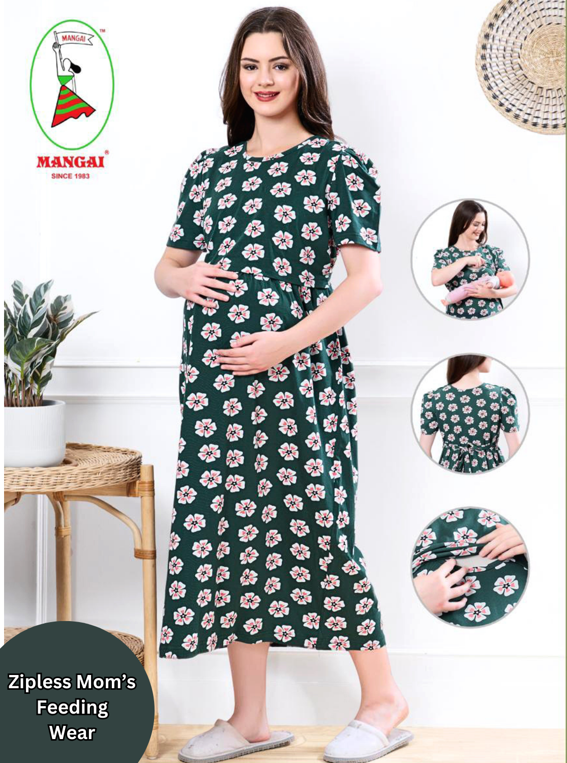 MANGAI HOSIERY Cotton Zipless Feeding Wear | Fancy Sleeve with Round Neck | Flap Open Zipless Feeding wear for Pregnancy Women (MMG)