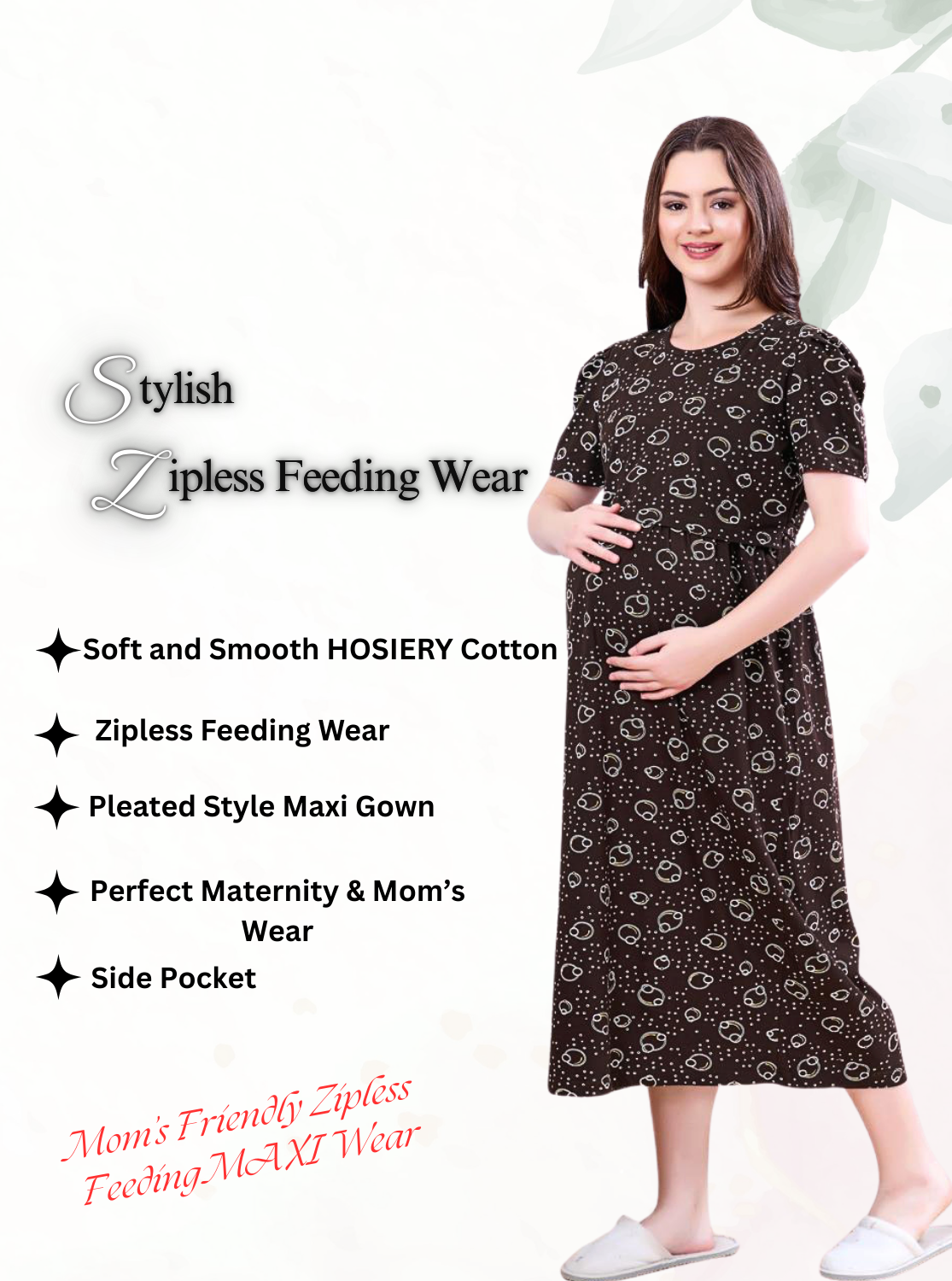 MANGAI HOSIERY Cotton Zipless Feeding Wear | Fancy Sleeve with Round Neck | Flap Open Zipless Feeding wear for Pregnancy Women (MMG)