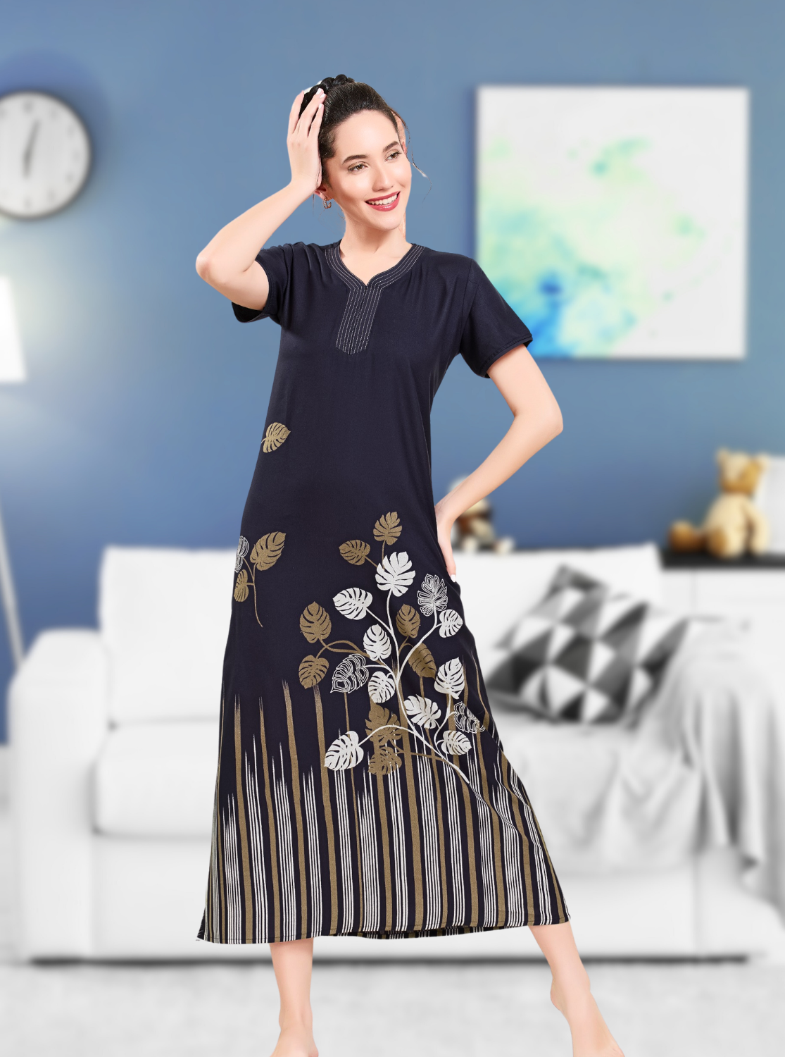 MANGAI Colourful Digital Panel Printed Alpine Fancy Nighty |All Over Print | Half Sleeve | Zipless Model | Side Pocket | Premium Night Wear (AFK)