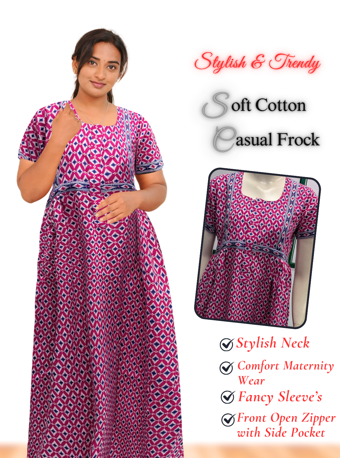 MANGAI Premium Casual Wear Cotton FROCK Model Nighties | Stylish Pleated Frock Style | Multipurpose Nighties | Casual & Pregnancy Wear | Pleated Model | Stylish Nighties for Stylish Women (MW)