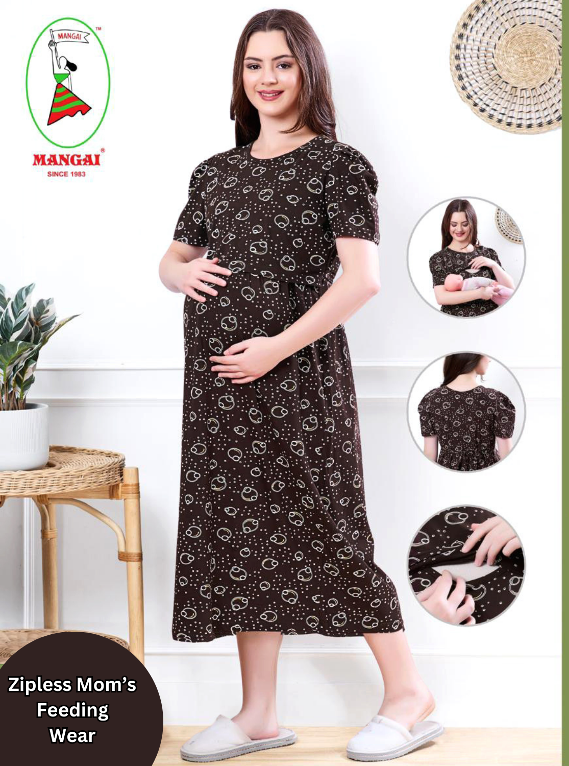 MANGAI HOSIERY Cotton Zipless Feeding Wear | Fancy Sleeve with Round Neck | Flap Open Zipless Feeding wear for Pregnancy Women (MMG)