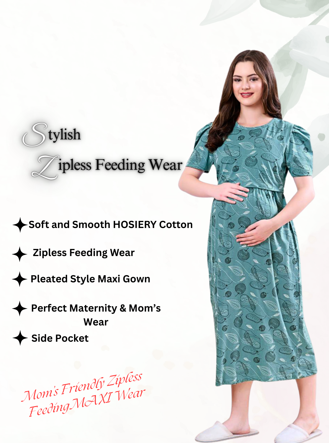 MANGAI HOSIERY Cotton Zipless Feeding Wear | Fancy Sleeve with Round Neck | Flap Open Zipless Feeding wear for Pregnancy Women (MMG)