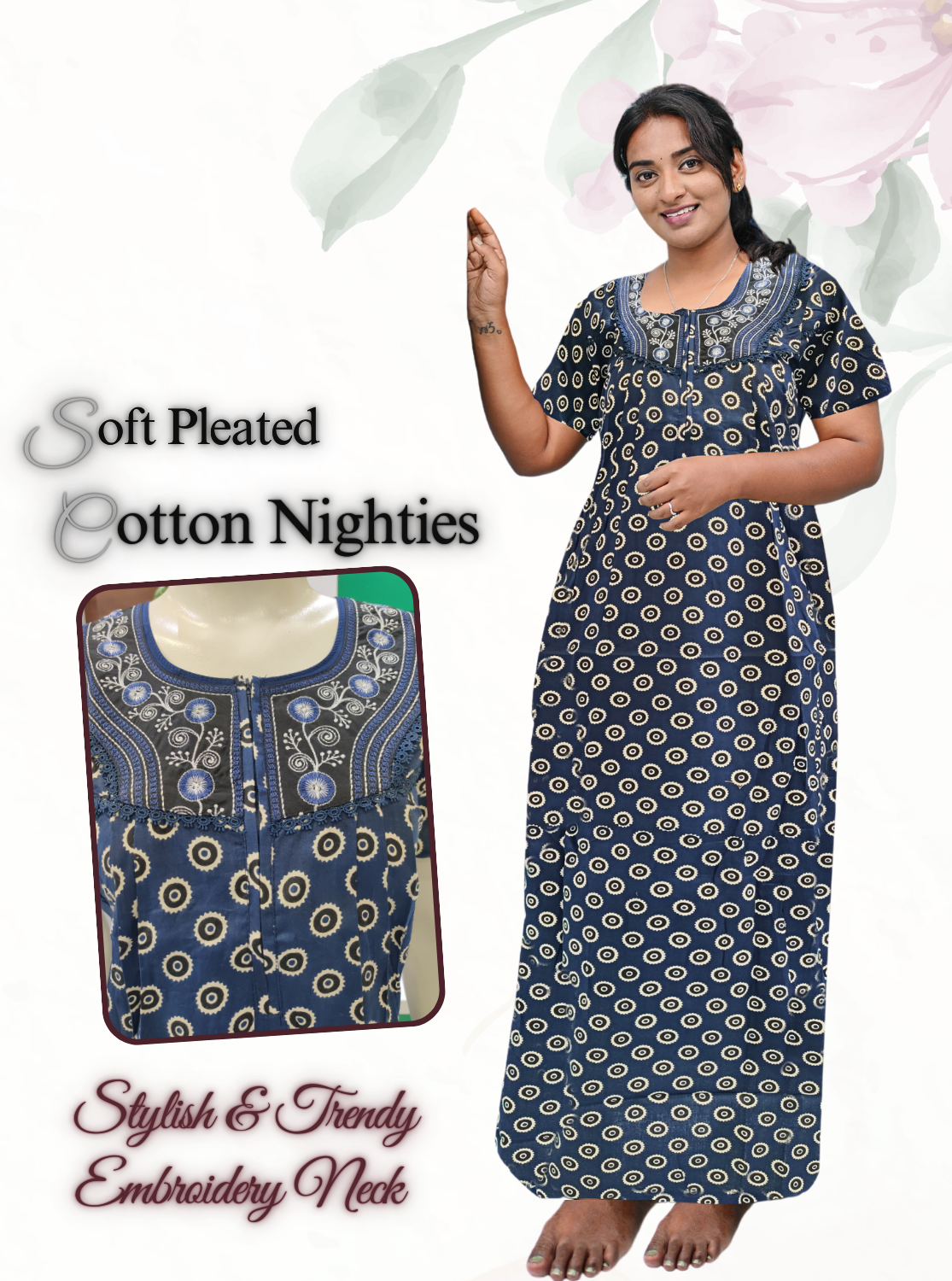 MANGAI New Collection Premium Cotton Embroidery Printed Nighties- All Over Printed Stylish Nightwear for Stylish Women | Trendy Embroidery Neck | Pleated Model (CPL)