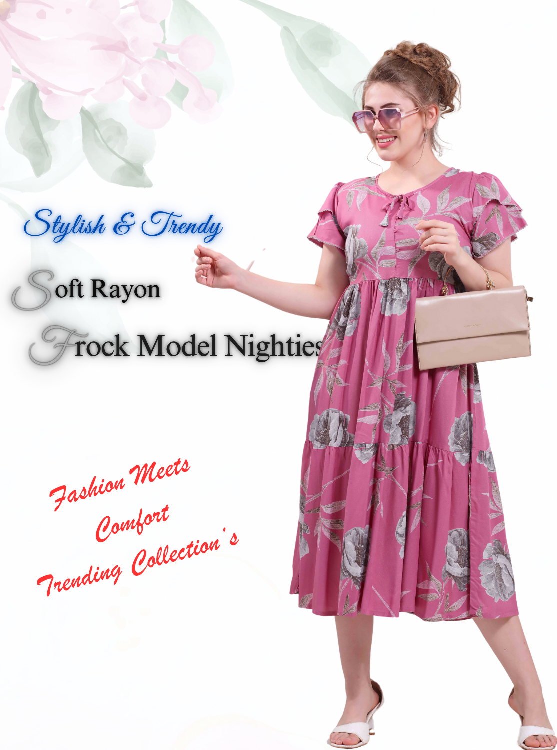 Rayon MAXI Length FROCK Model Nighties | Butterfly Sleeve's | Pleated Frock Style | Updated Collection's (FRK-H)