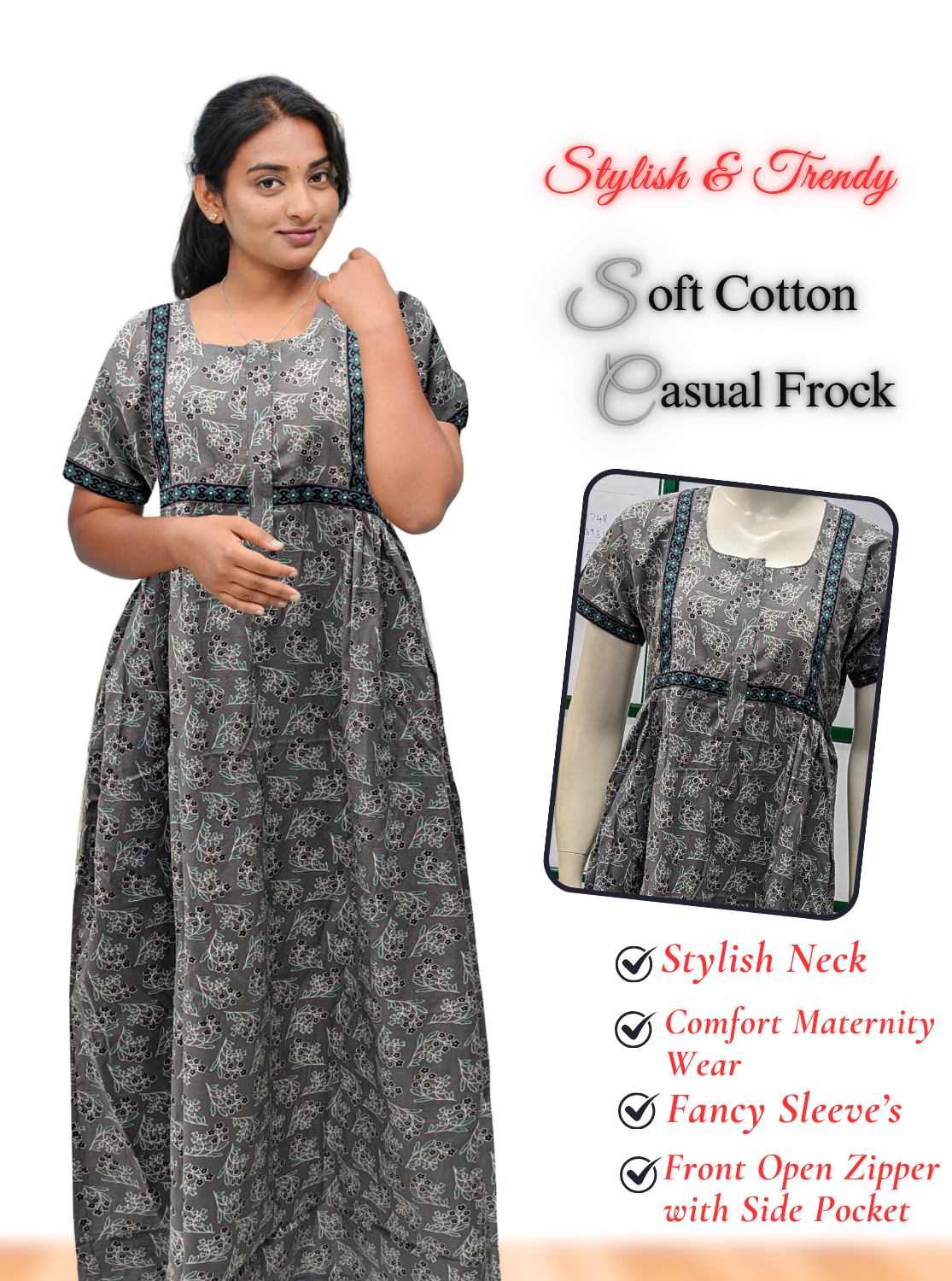 MANGAI Premium Casual Wear Cotton FROCK Model Nighties | Stylish Pleated Frock Style | Multipurpose Nighties | Casual & Pregnancy Wear | Pleated Model | Stylish Nighties for Stylish Women (MW)