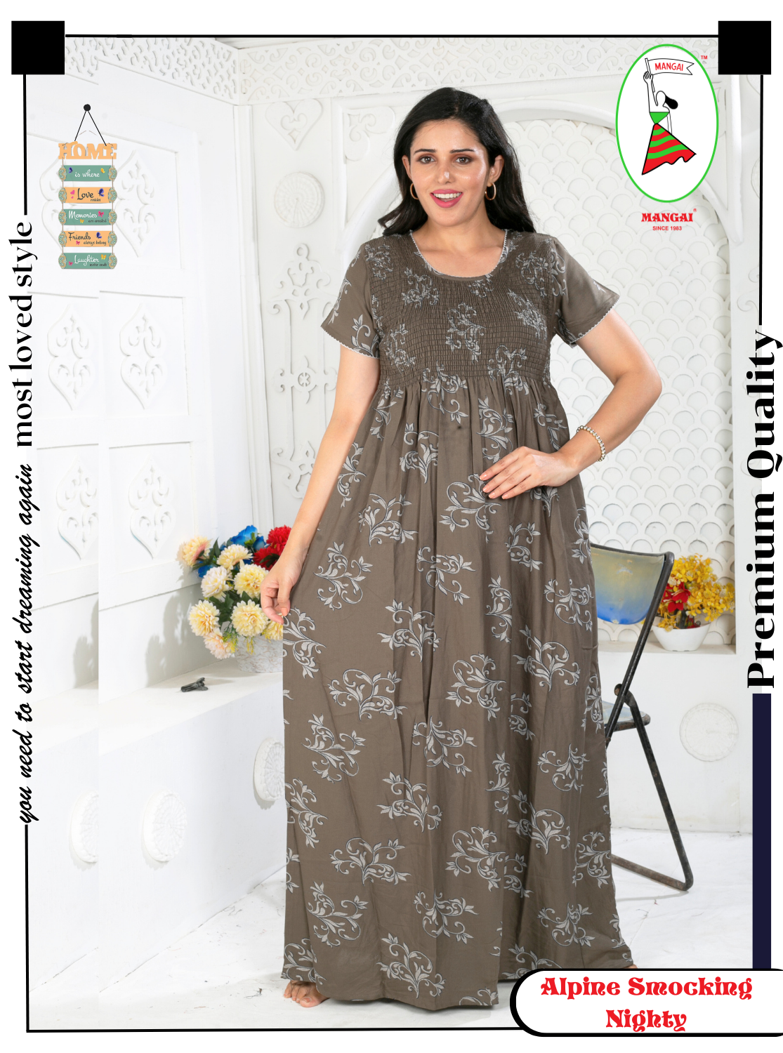 ALPINE Smocking Nighty | Beautiful Pleated Design | Side Pocket | Stylish Nighty for Trendy Women's | Your Perfect Nightwear Collection's (ALS)