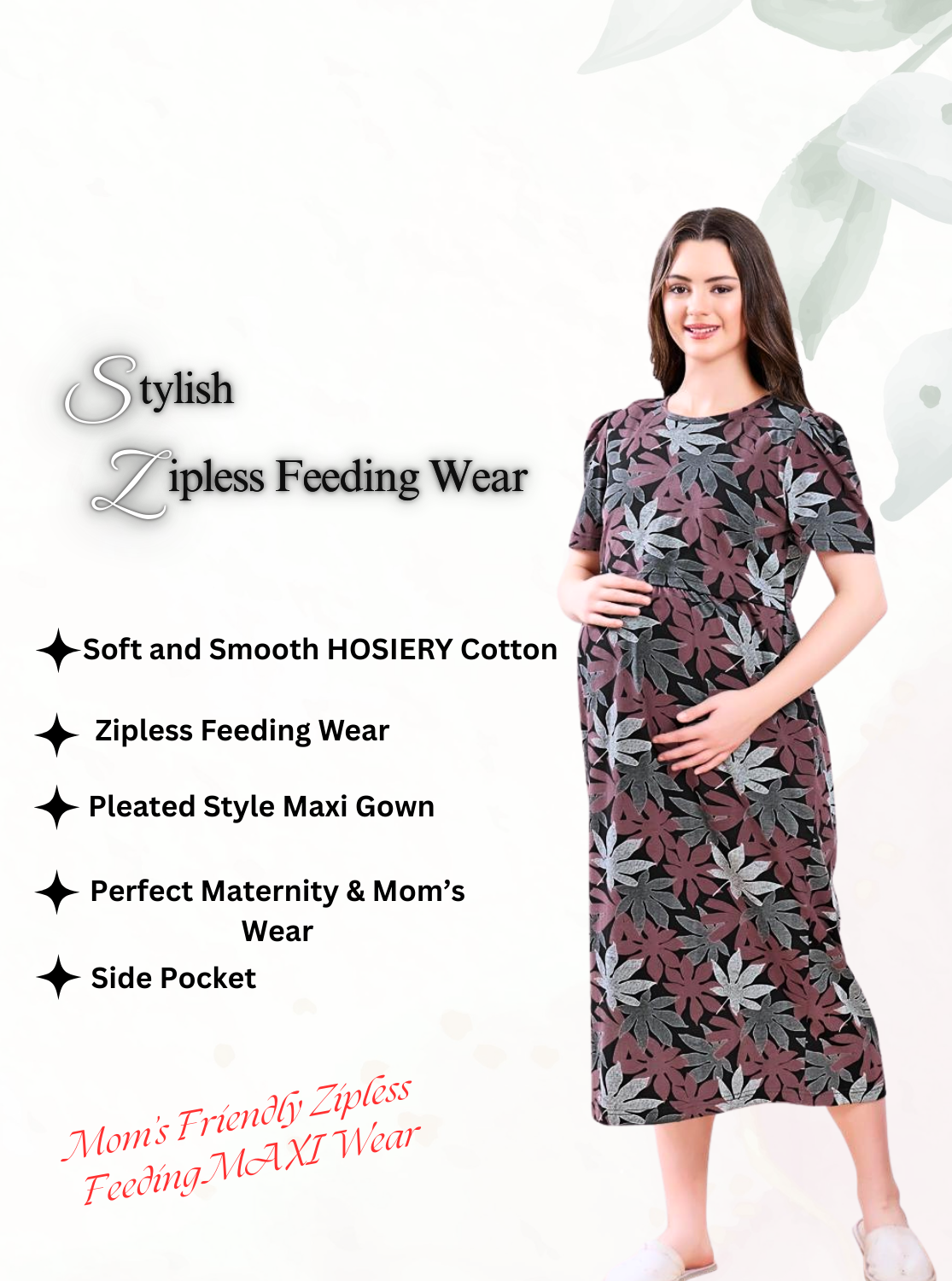 MANGAI HOSIERY Cotton Zipless Feeding Wear | Fancy Sleeve with Round Neck | Flap Open Zipless Feeding wear for Pregnancy Women (MMG)