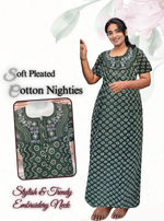 MANGAI New Collection Premium Cotton Embroidery Printed Nighties- All Over Printed Stylish Nightwear for Stylish Women | Trendy Embroidery Neck | Pleated Model (CPL)