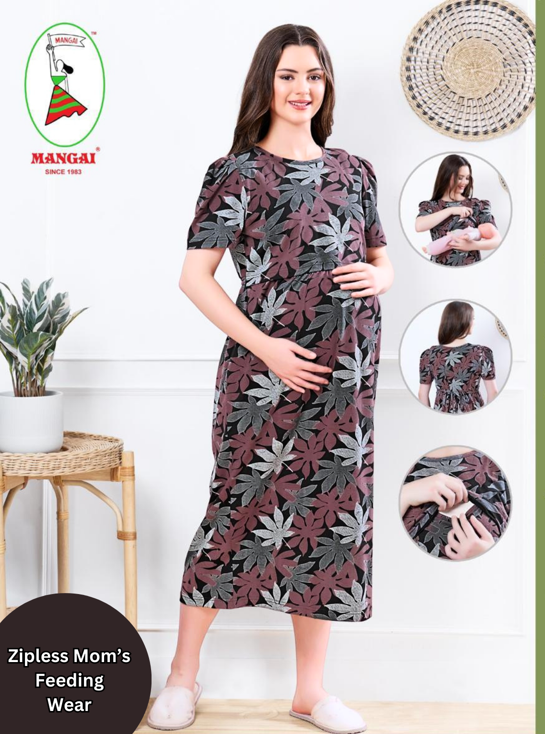 MANGAI HOSIERY Cotton Zipless Feeding Wear | Fancy Sleeve with Round Neck | Flap Open Zipless Feeding wear for Pregnancy Women (MMG)