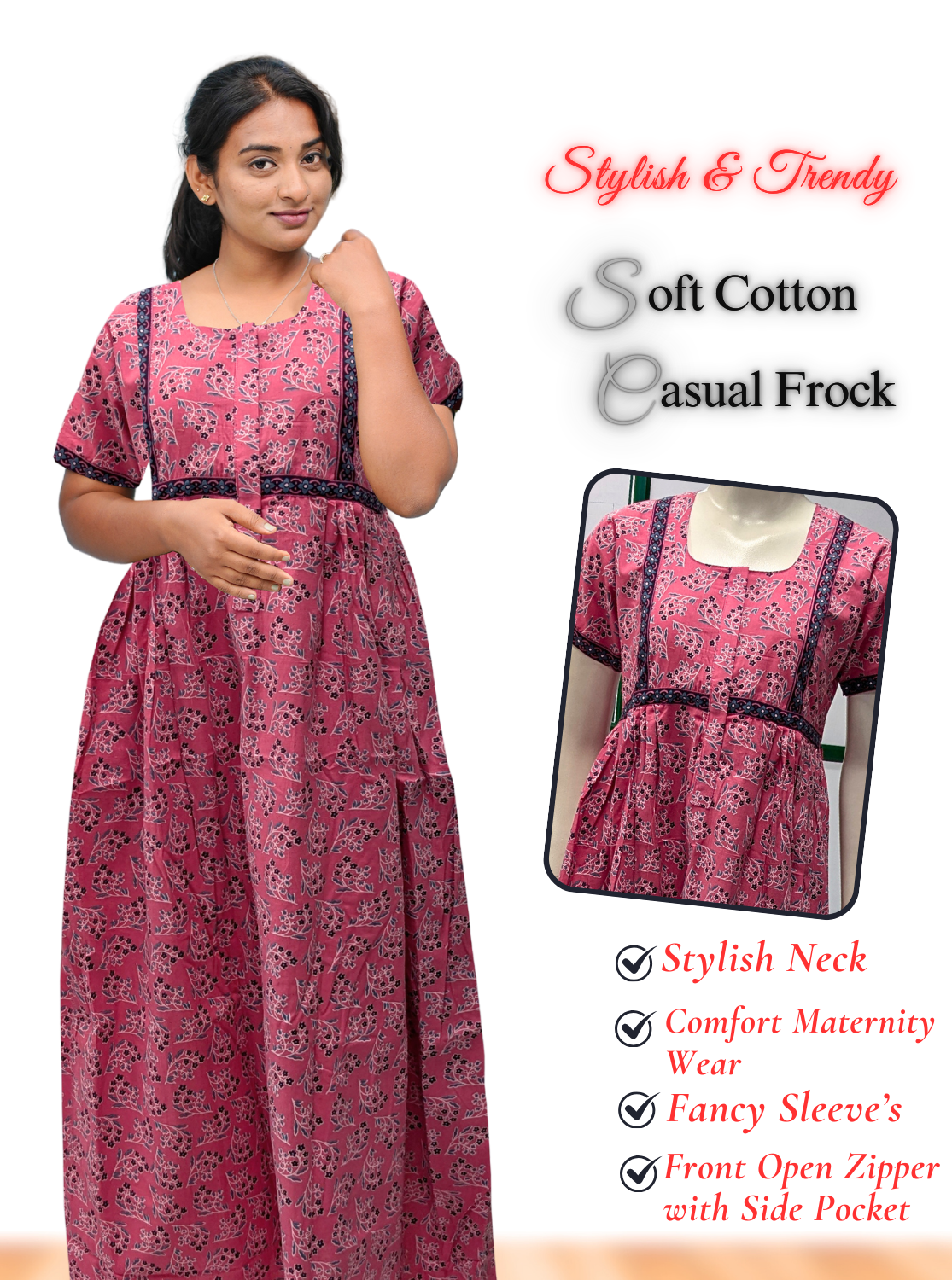 MANGAI Premium Casual Wear Cotton FROCK Model Nighties | Stylish Pleated Frock Style | Multipurpose Nighties | Casual & Pregnancy Wear | Pleated Model | Stylish Nighties for Stylish Women (MW)