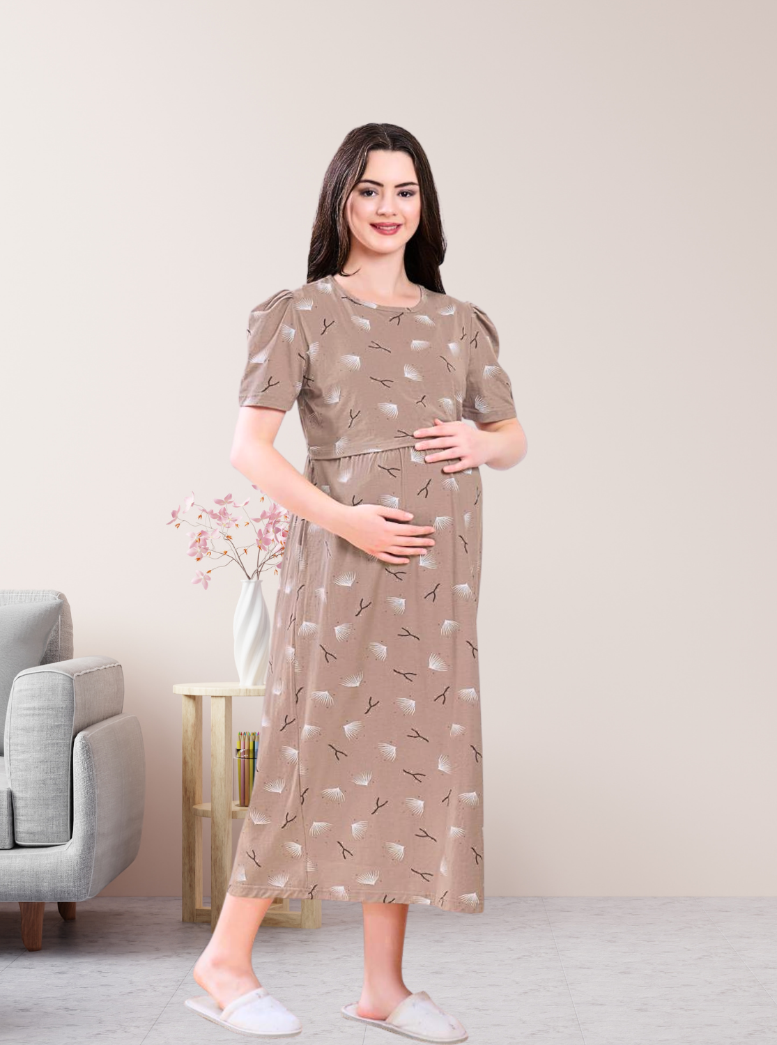 MANGAI HOSIERY Cotton Zipless Feeding Wear | Fancy Sleeve with Round Neck | Flap Open Zipless Feeding wear for Pregnancy Women (MMG)