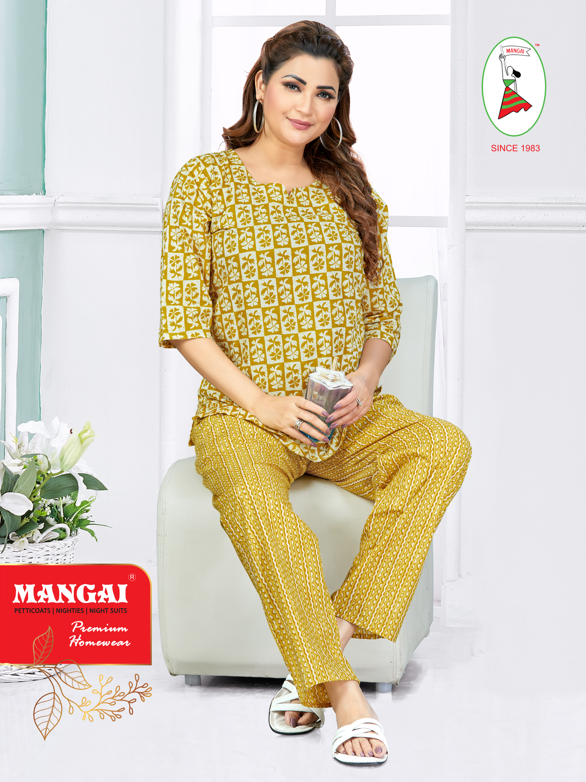 MANGAI Premium Cotton Printed Cambric Night Suits | Stylish Print's All Over | Top & Bottom Set | 3/4 Sleeve | Trendy Night Suits for Stylish Women's (CMNS)