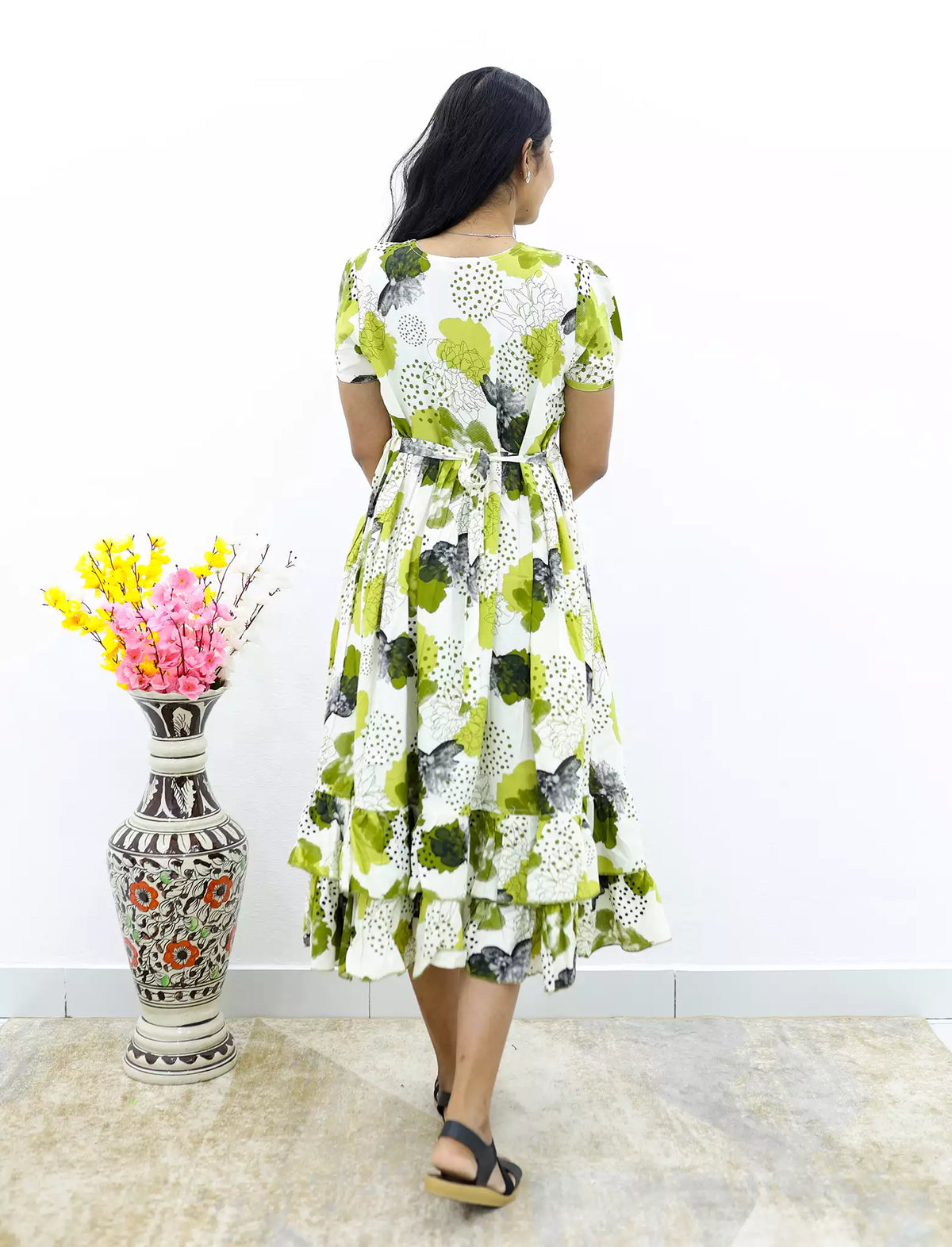 MANGAI Elegant Rayon MAXI Frock | Designer Neck | Half Sleeve | Flared Frill Bottom | Soft & Comfortable Daily Wear (RGM)