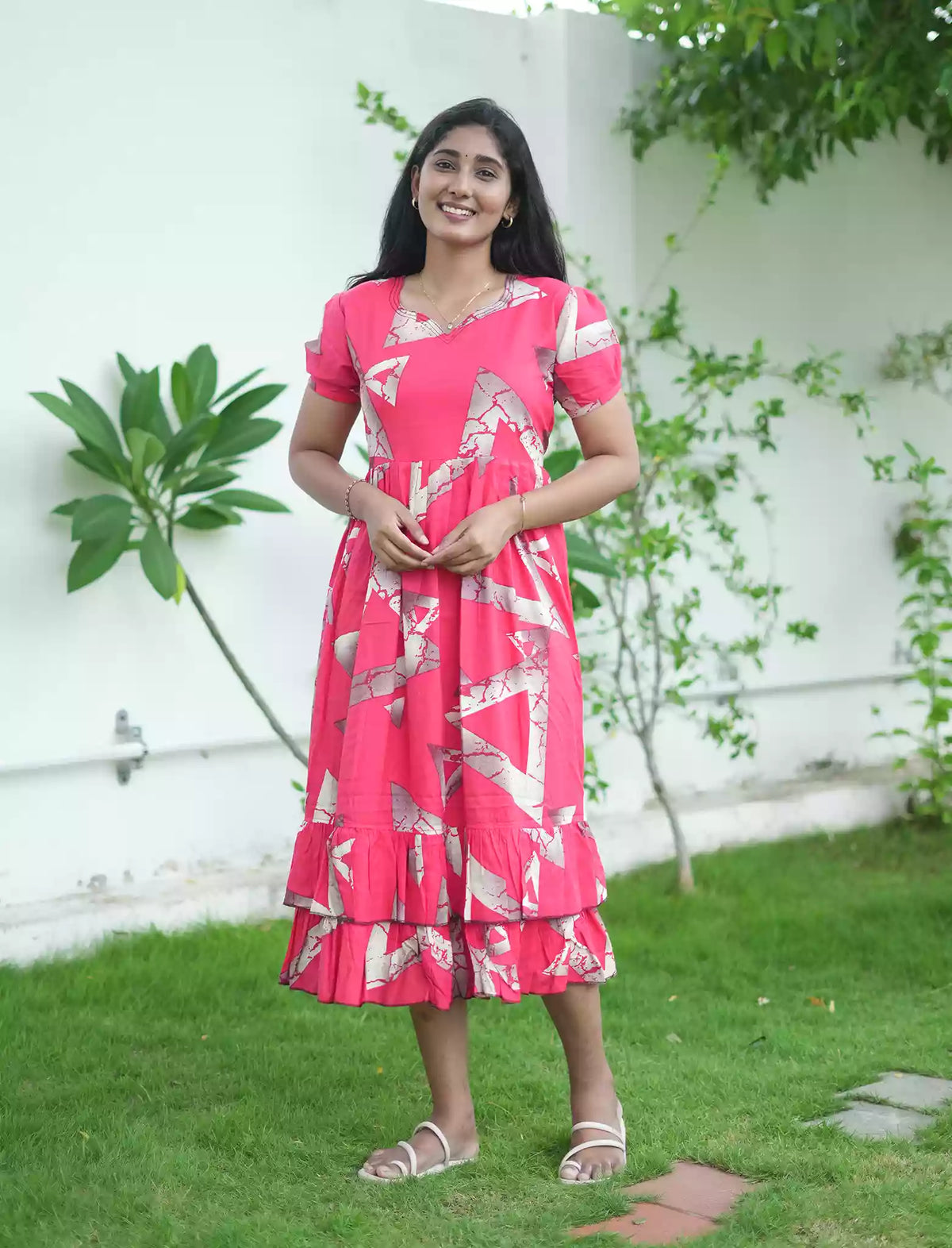 Rayon Abstract Geometric Print Maxi Frock with Back Tie - Mangai Nighties