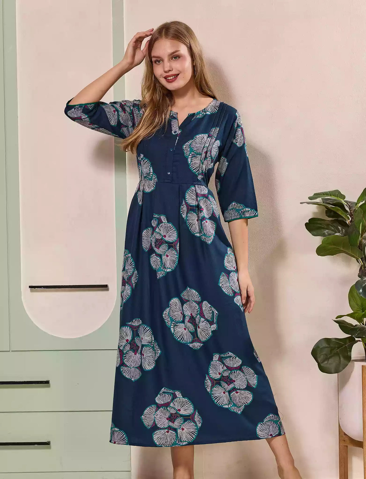 Floral Print Kurti Style Long Sleeve with Pocket – Mangai Nighties
