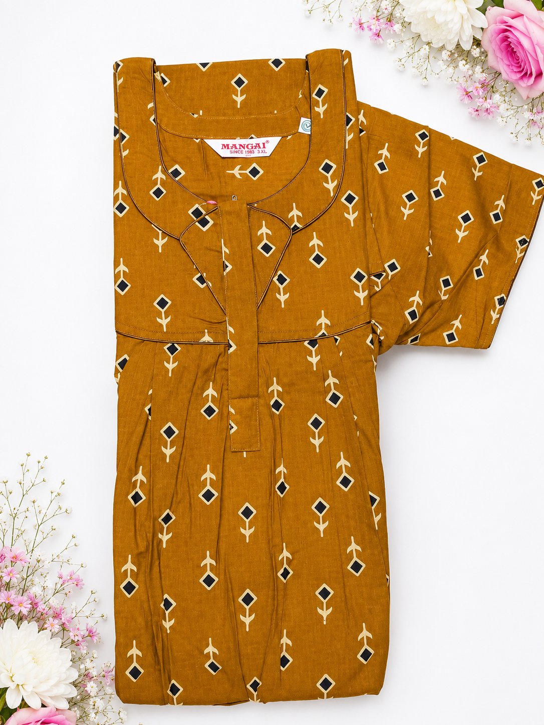 MANGAI Cotton Printed Pleated Model Half Sleeve 3XL Size Shrinkage Free Nighties (3PZ)