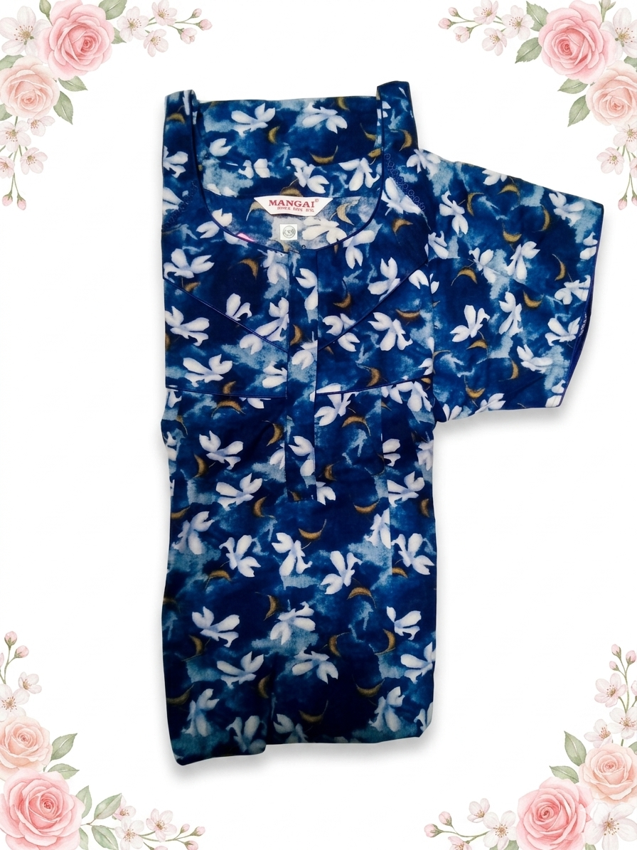 MANGAI Cotton Printed Pleated Model Half Sleeve 5XL Size Nighties - Fancy Neck | With Side Pocket | Shrinkage Free Nighties (5PZ)