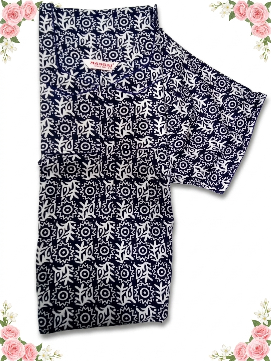 MANGAI Cotton Printed Pleated Model Half Sleeve 5XL Size Nighties withFancy Neck | With Side Pocket (5PZ)