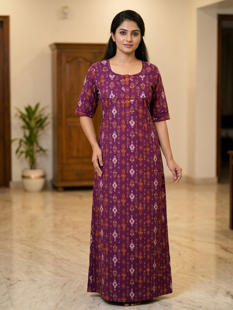 MANGAI Cotton Printed Pleated Model Half Sleeve 5XL Size Nighties - Fancy Neck | With Side Pocket | Shrinkage Free Nighties (5PZ)