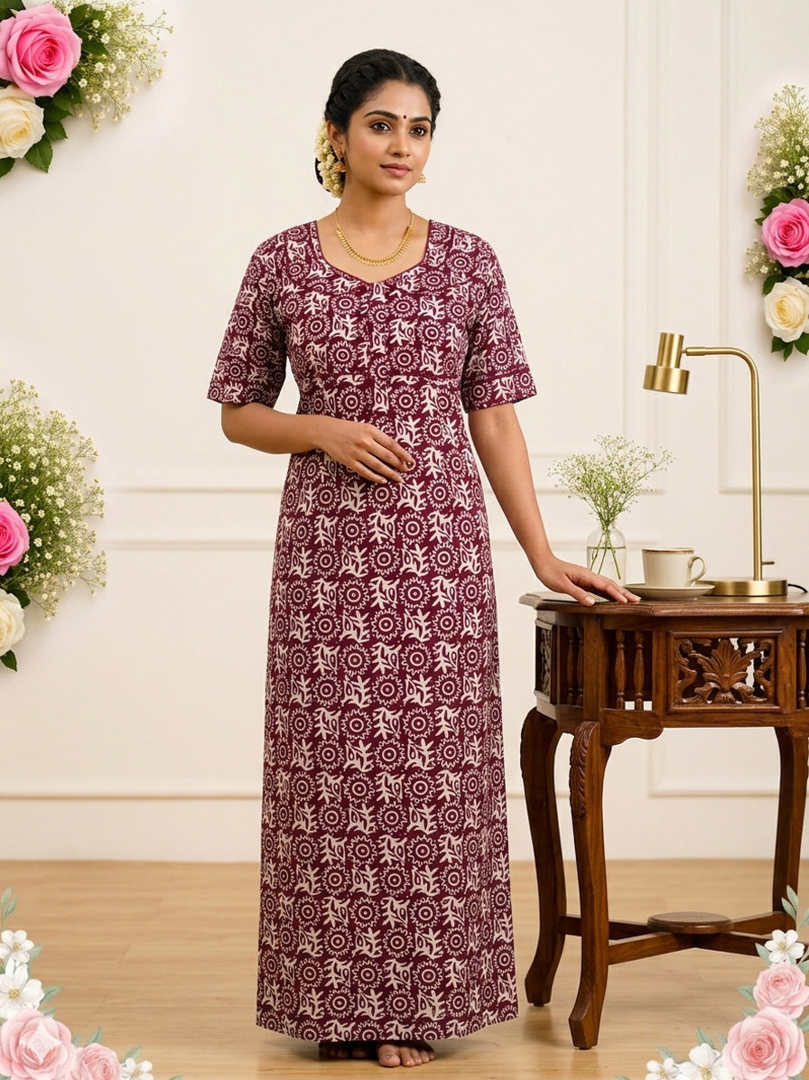MANGAI Cotton Printed Pleated Model Half Sleeve 5XL Size Nighties withFancy Neck | With Side Pocket (5PZ)