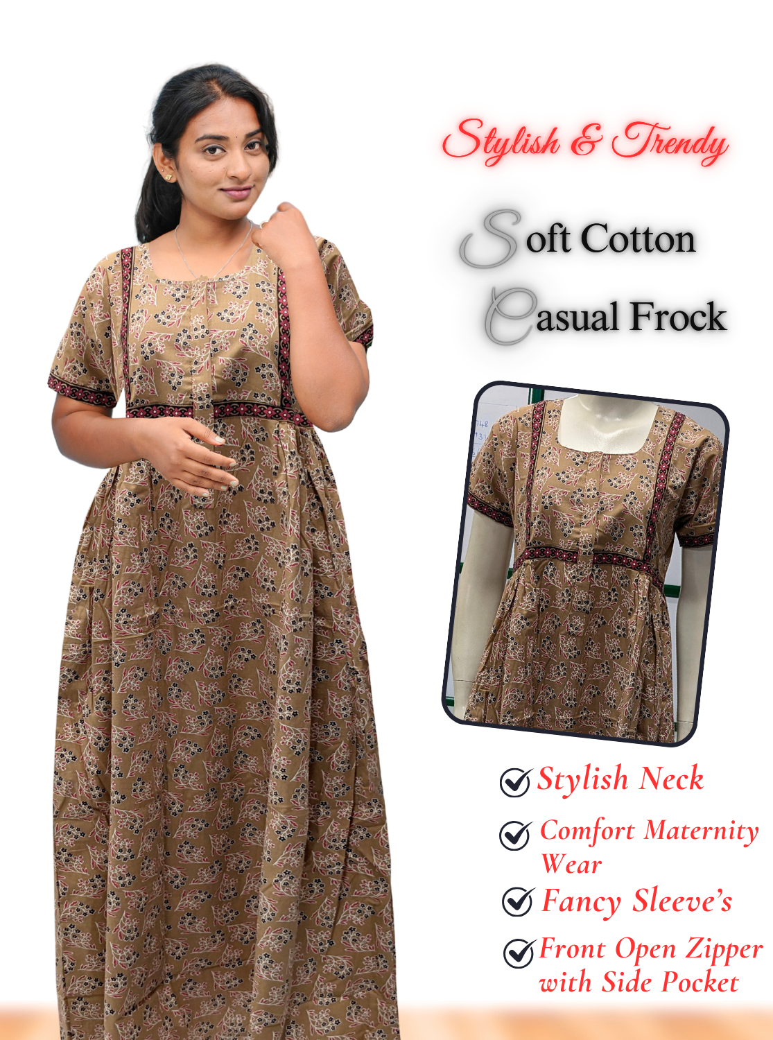 MANGAI Premium Casual Wear Cotton FROCK Model Nighties | Stylish Pleated Frock Style | Multipurpose Nighties | Casual & Pregnancy Wear | Pleated Model | Stylish Nighties for Stylish Women (MW)