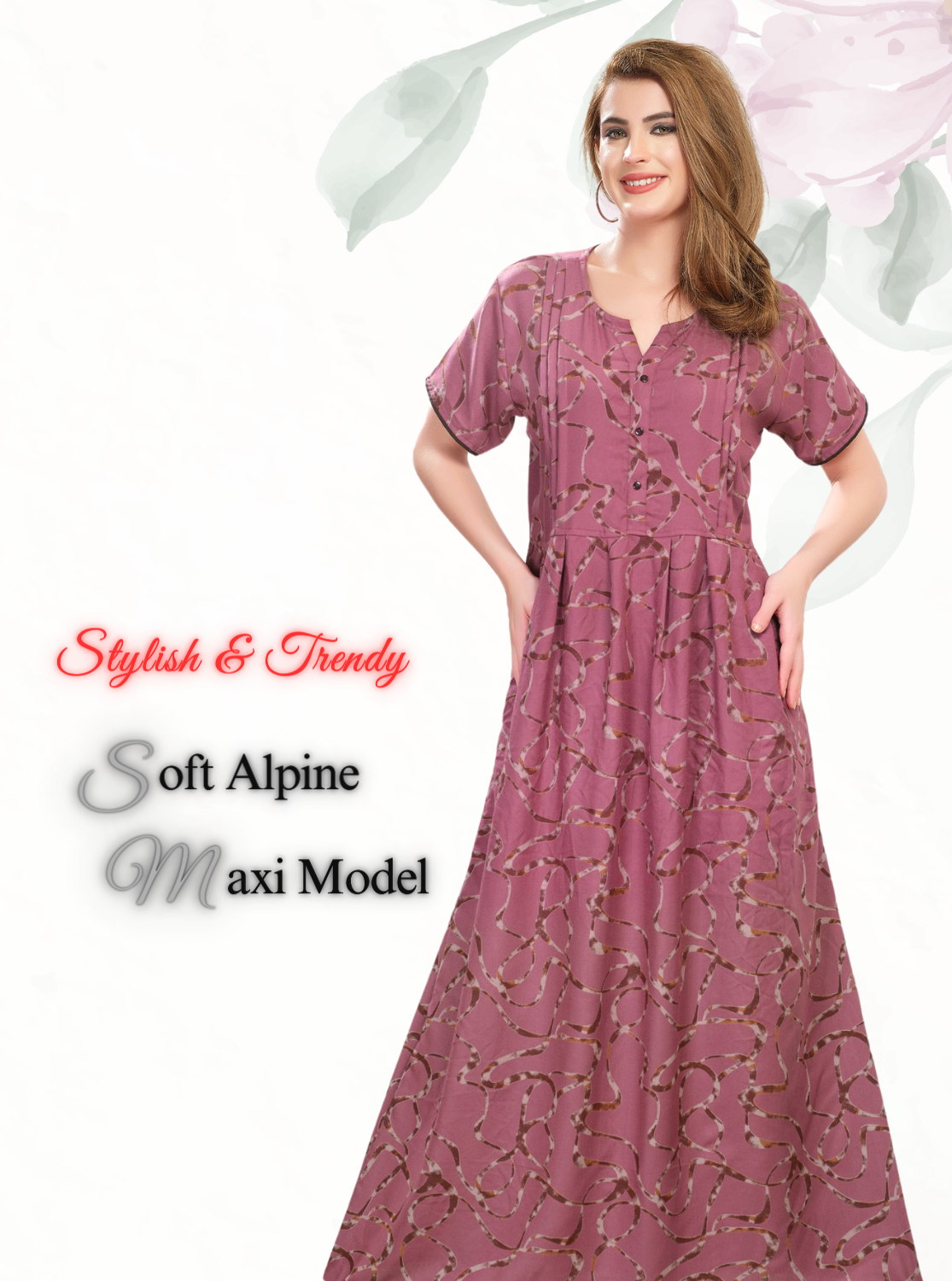 New Arrival MANGAI Premium ALPINE MAXI Model Nighty - Stylish Fancy Maxi Model Nightwear for Stylish Women | Updated Collection's| Beautiful Flared & Pleated Model | Frock Model Nighties for Trendy Women's (HMS)