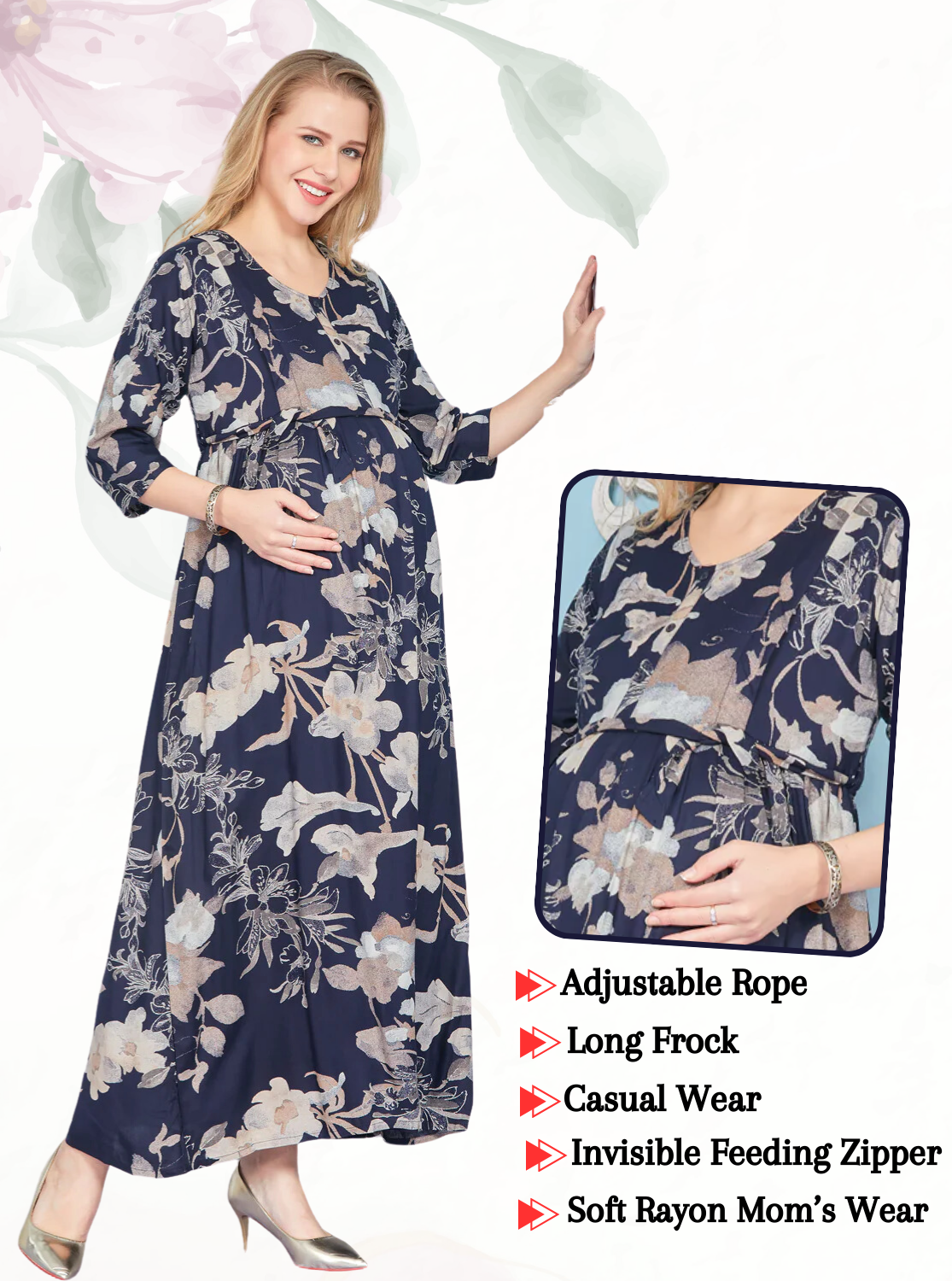 New ArrivalsONLY MINE Premium 4-IN-ONE Mom's Wear - Soft & Smooth Rayon | Maternity | Feeding | Long Frock | Casual Wear for Pregnancy Women's (4-IN-ONE-LFRK)