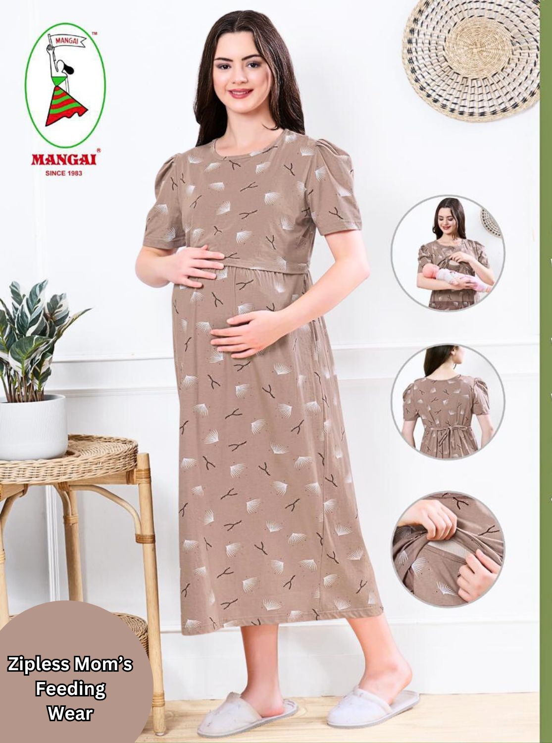 MANGAI HOSIERY Cotton Zipless Feeding Wear | Fancy Sleeve with Round Neck | Flap Open Zipless Feeding wear for Pregnancy Women (MMG)