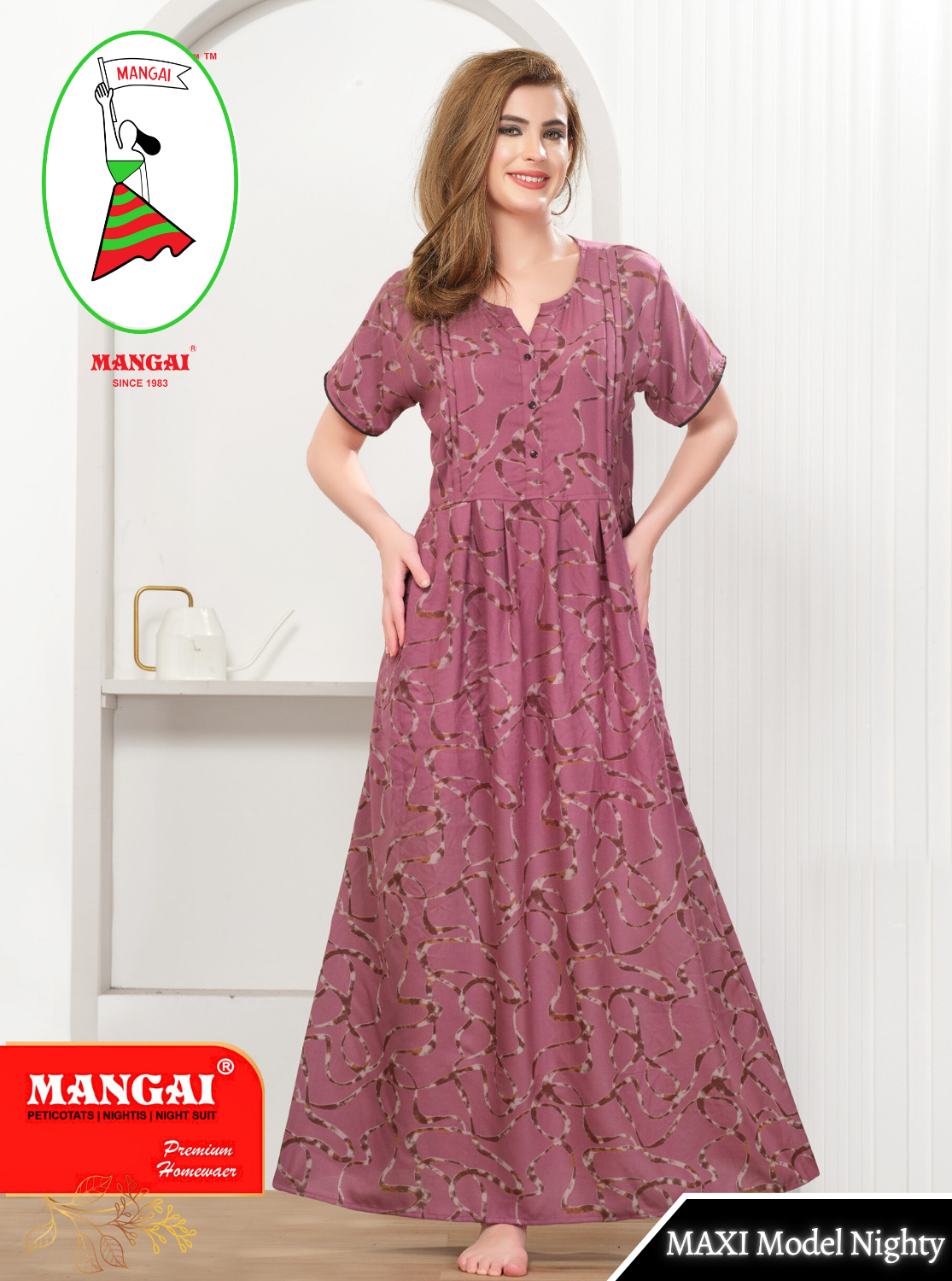 New Arrival MANGAI Premium ALPINE MAXI Model Nighty - Stylish Fancy Maxi Model Nightwear for Stylish Women | Updated Collection's| Beautiful Flared & Pleated Model | Frock Model Nighties for Trendy Women's (HMS)