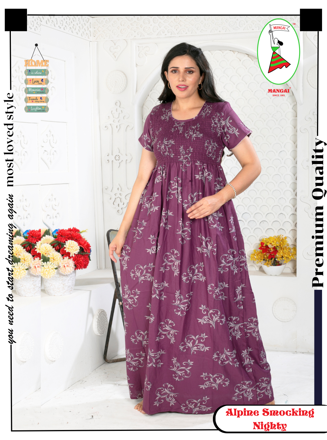 ALPINE Smocking Nighty | Beautiful Pleated Design | Side Pocket | Stylish Nighty for Trendy Women's | Your Perfect Nightwear Collection's (ALS)