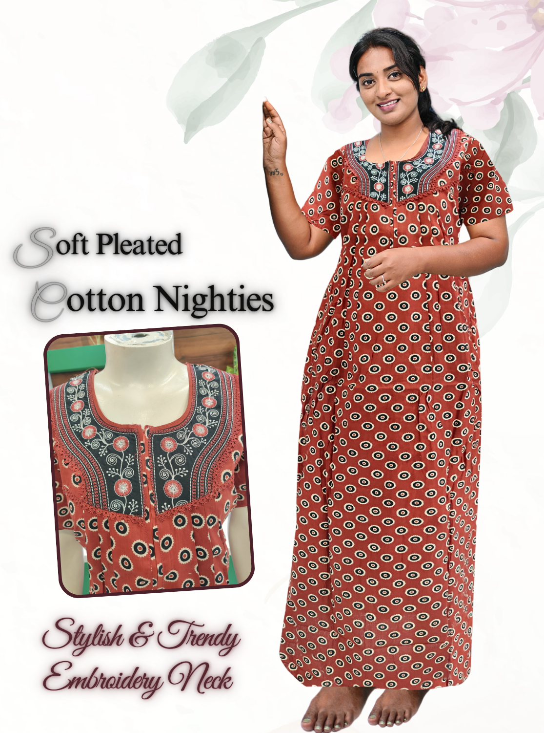 MANGAI New Collection Premium Cotton Embroidery Printed Nighties- All Over Printed Stylish Nightwear for Stylish Women | Trendy Embroidery Neck | Pleated Model (CPL)