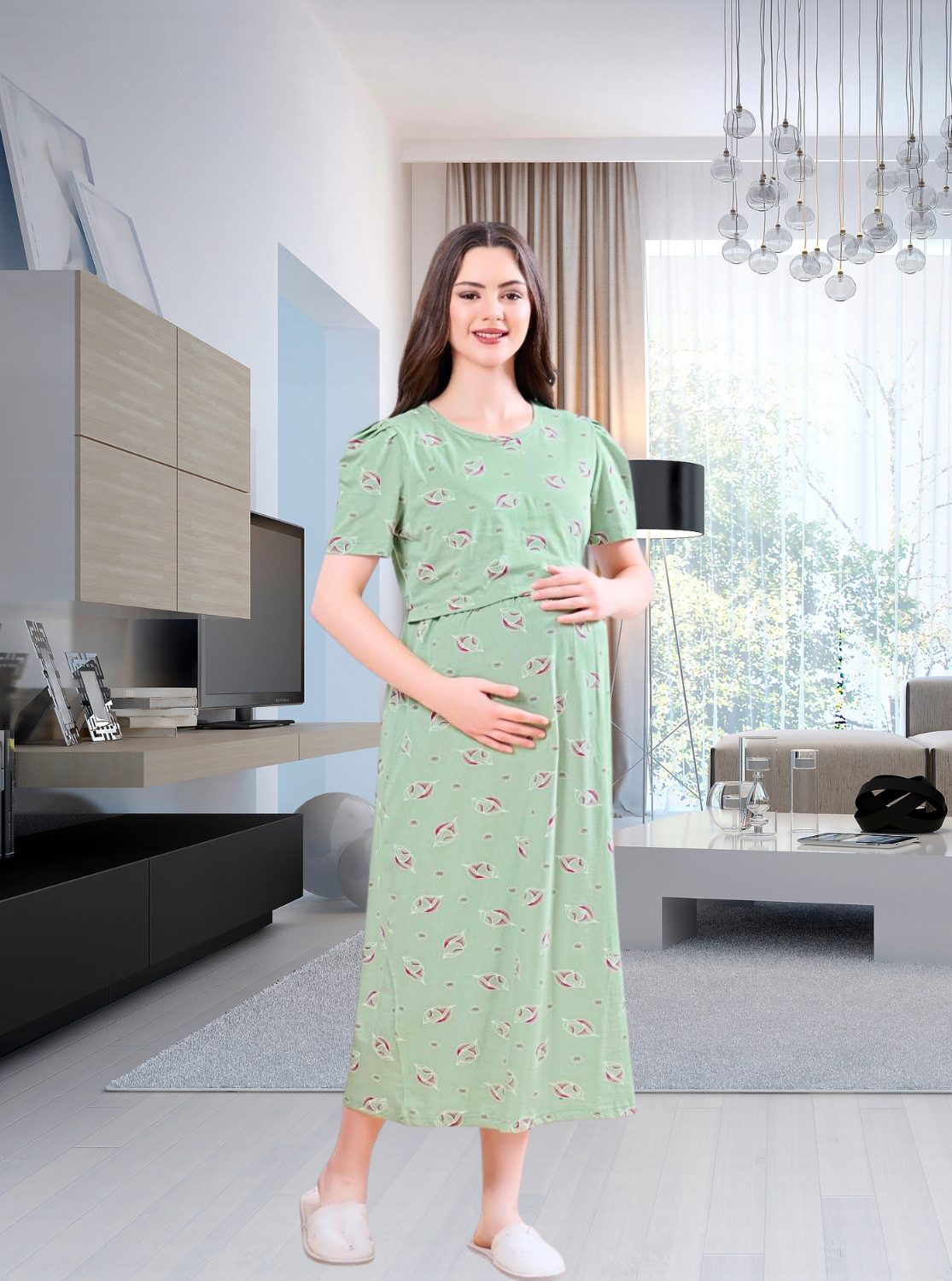 MANGAI HOSIERY Cotton Zipless Feeding Wear | Fancy Sleeve with Round Neck | Flap Open Zipless Feeding wear for Pregnancy Women (MMG)