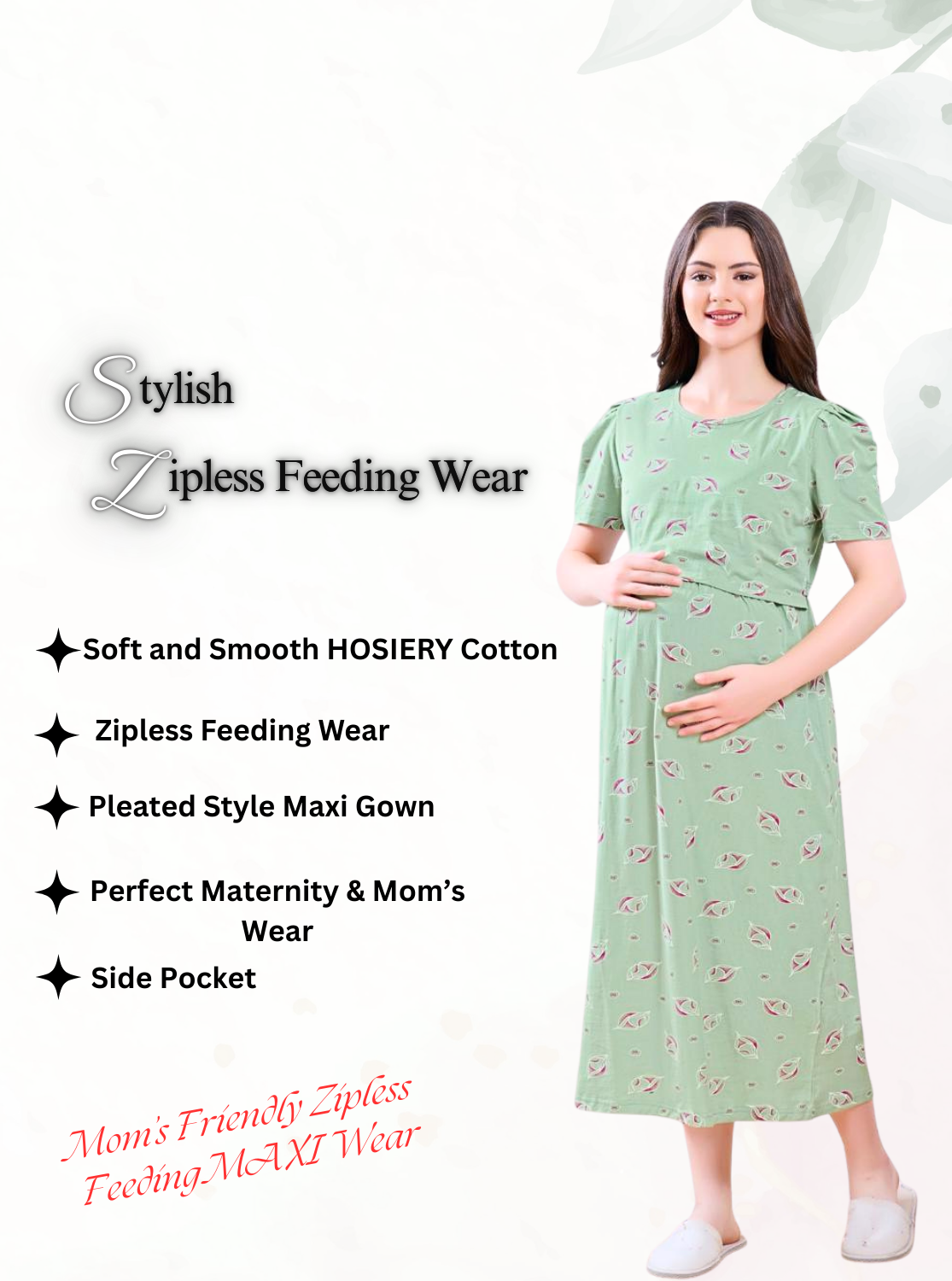 MANGAI HOSIERY Cotton Zipless Feeding Wear | Fancy Sleeve with Round Neck | Flap Open Zipless Feeding wear for Pregnancy Women (MMG)