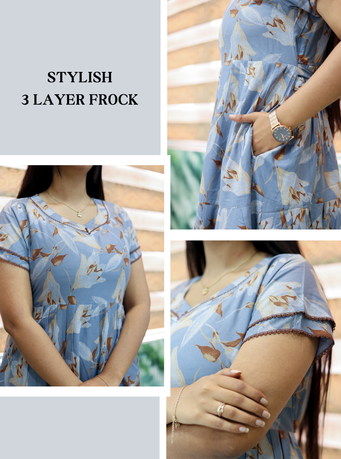 MANGAI New Alpine 3 Layer Frock for Women | Stylish Double Layer Sleeve Nighty with Fancy Neck | Back Tie Rope & Side Pocket | Flared Bottom Full Length Modern Nightwear (AFK)