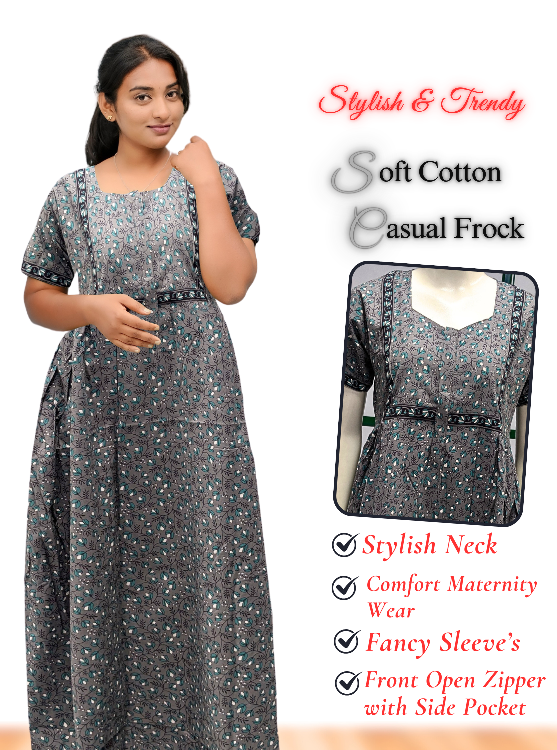 MANGAI Premium Casual Wear Cotton FROCK Model Nighties | Stylish Pleated Frock Style | Multipurpose Nighties | Casual & Pregnancy Wear | Pleated Model | Stylish Nighties for Stylish Women (MW)