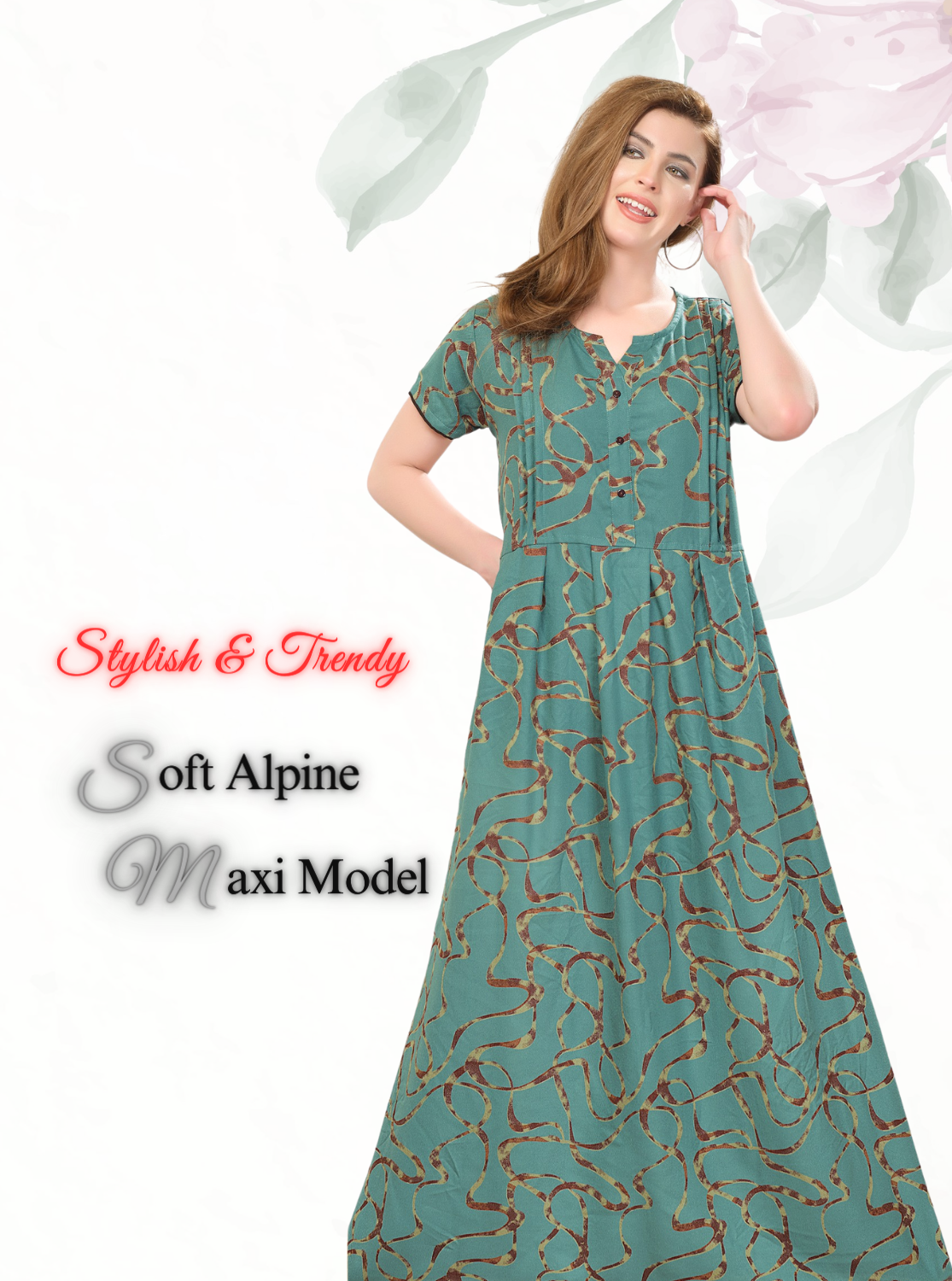 New Arrival MANGAI Premium ALPINE MAXI Model Nighty - Stylish Fancy Maxi Model Nightwear for Stylish Women | Updated Collection's| Beautiful Flared & Pleated Model | Frock Model Nighties for Trendy Women's (HMS)