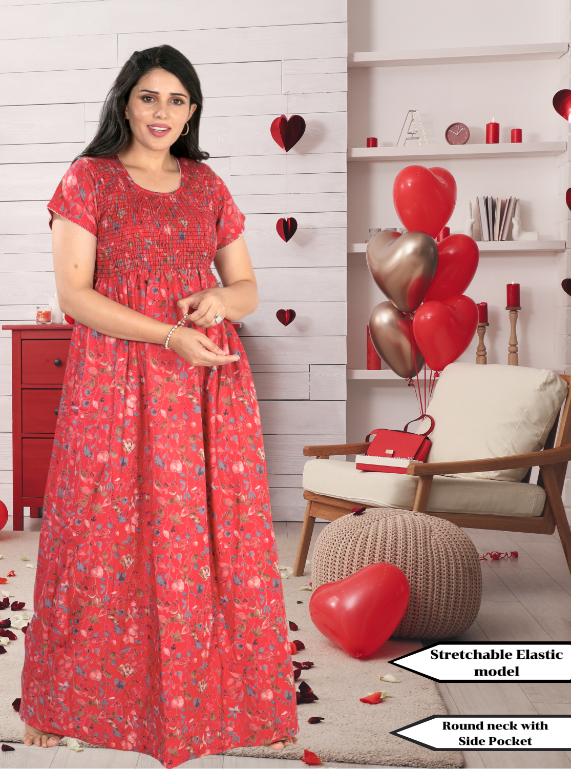 ALPINE Smocking Nighty | Beautiful Pleated Design | Side Pocket | Stylish Nighty for Trendy Women's | Your Perfect Nightwear Collection's (ALS)
